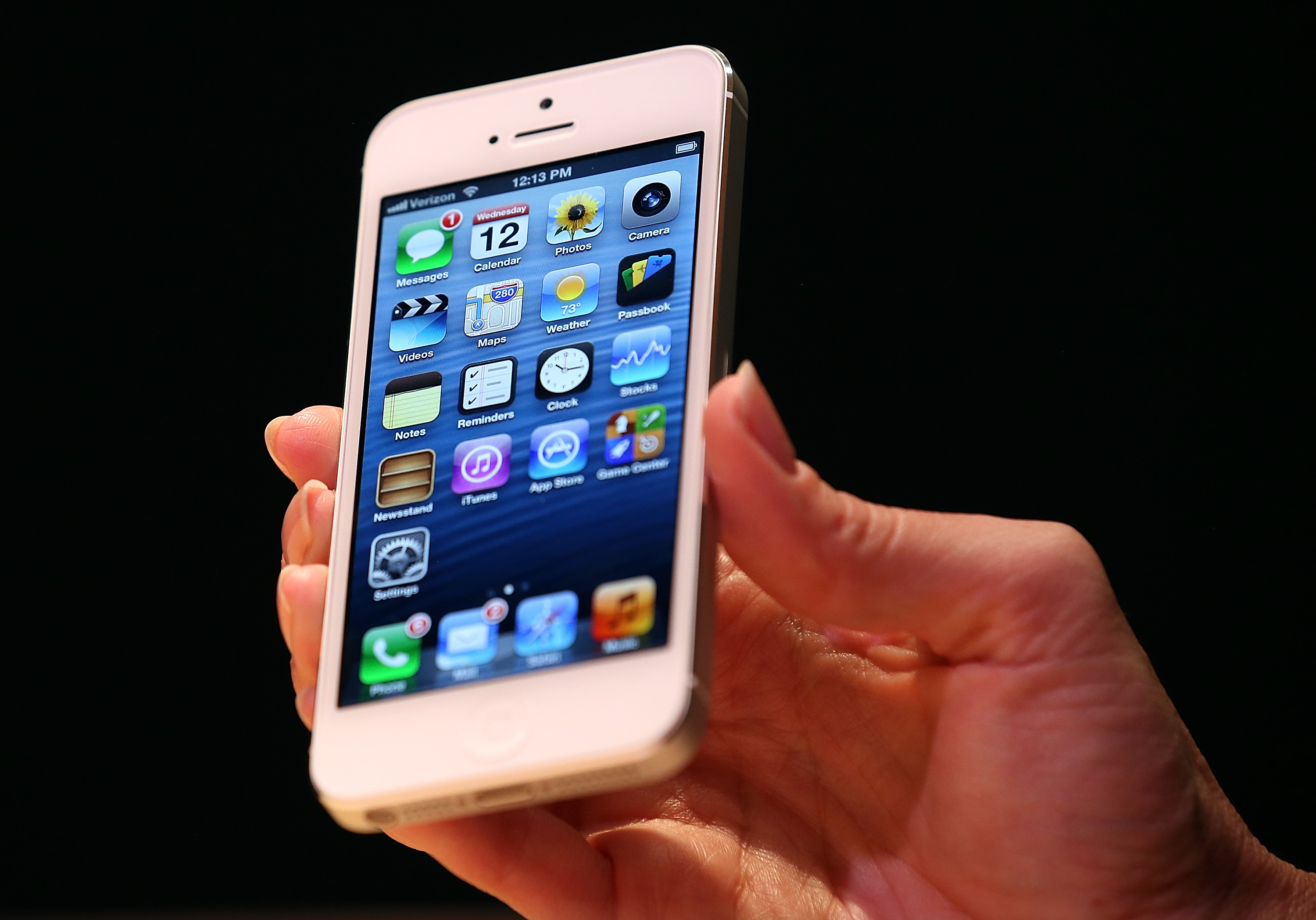 The new iPhone 5 is displayed during an Apple special event at the Yerba Buena Center for the Arts on September 12, 2012 in San Francisco, California. (Justin Sullivan&amp;mdash;Getty Images)