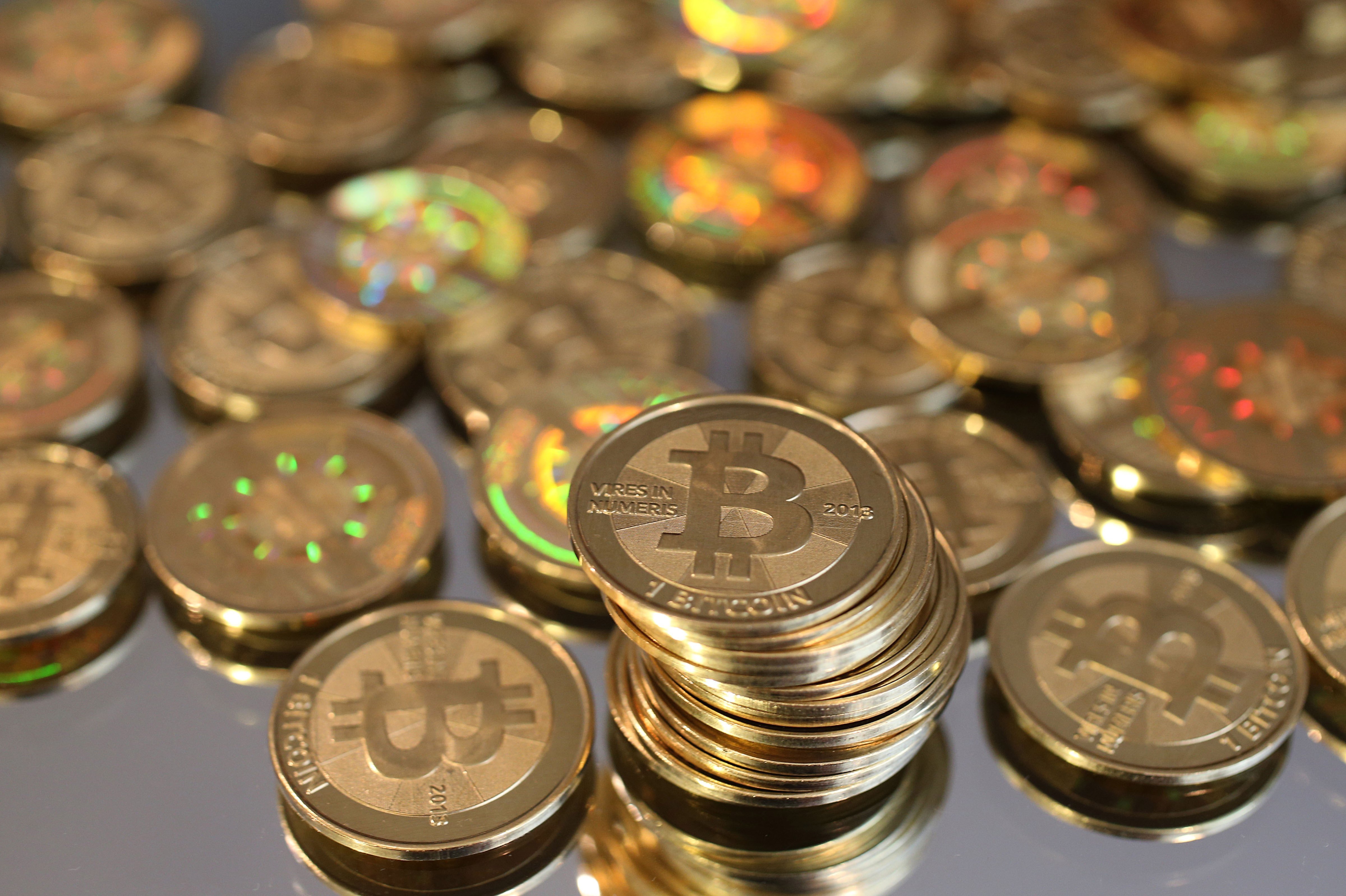A pile of Bitcoins are shown here after Software engineer Mike Caldwell minted them in his shop on April 26, 2013 in Sandy, Utah. (George Frey—Getty Images)