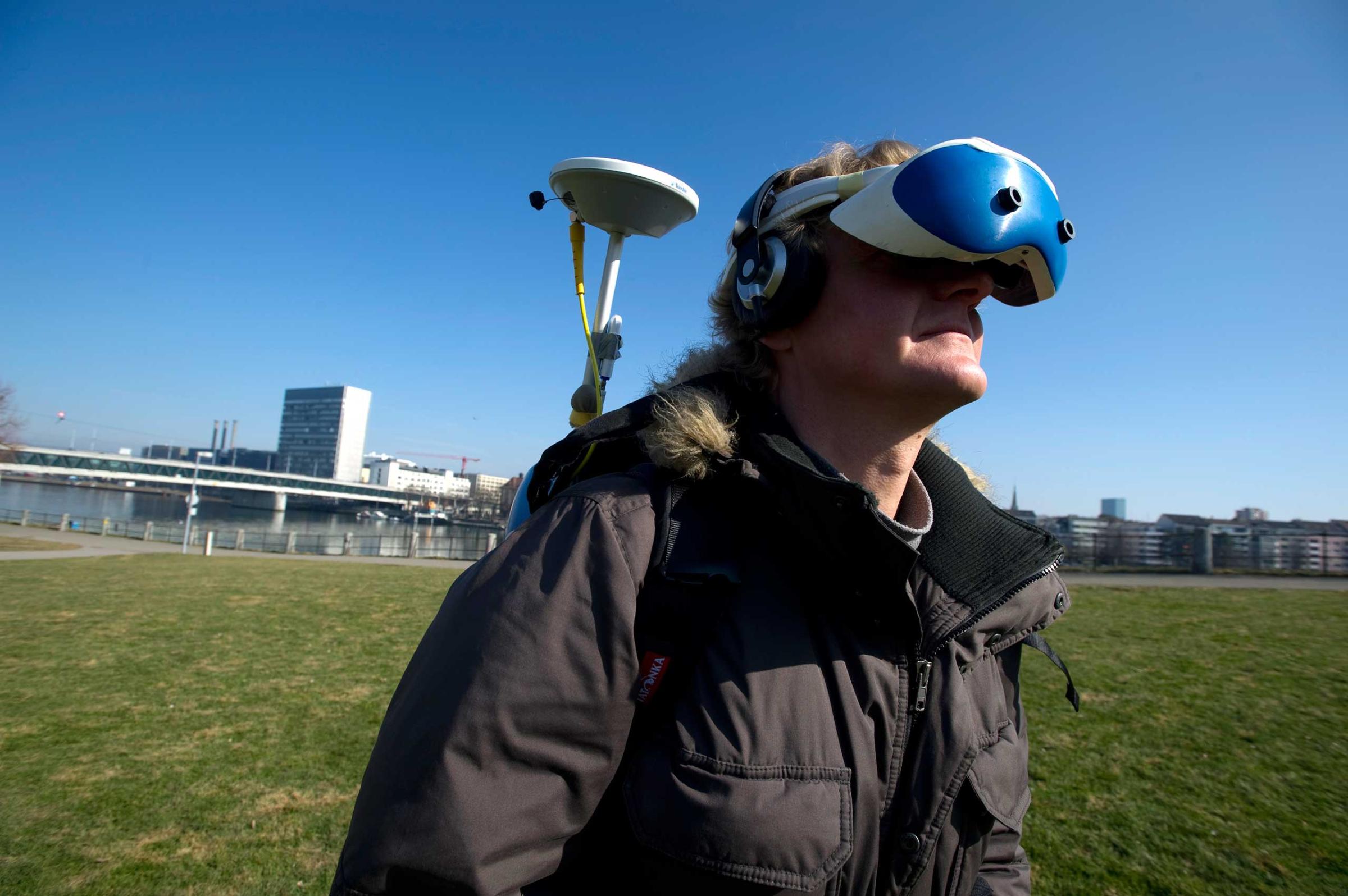 Peter Kenny Jan Torpus, director of Lifeclipper project, tested the immersive augmented reality equipment in St Johanns Park in Basel, Switzerland.