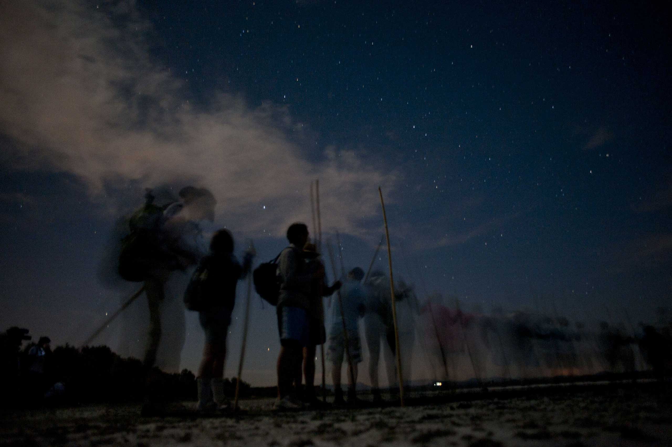 Volunteers walk in the Fuente de Piedra lake, 70 kilometres from Malaga, on July 19, 2014, during a tagging and control operation of flamingo chicks to monitor the evolution of the species.