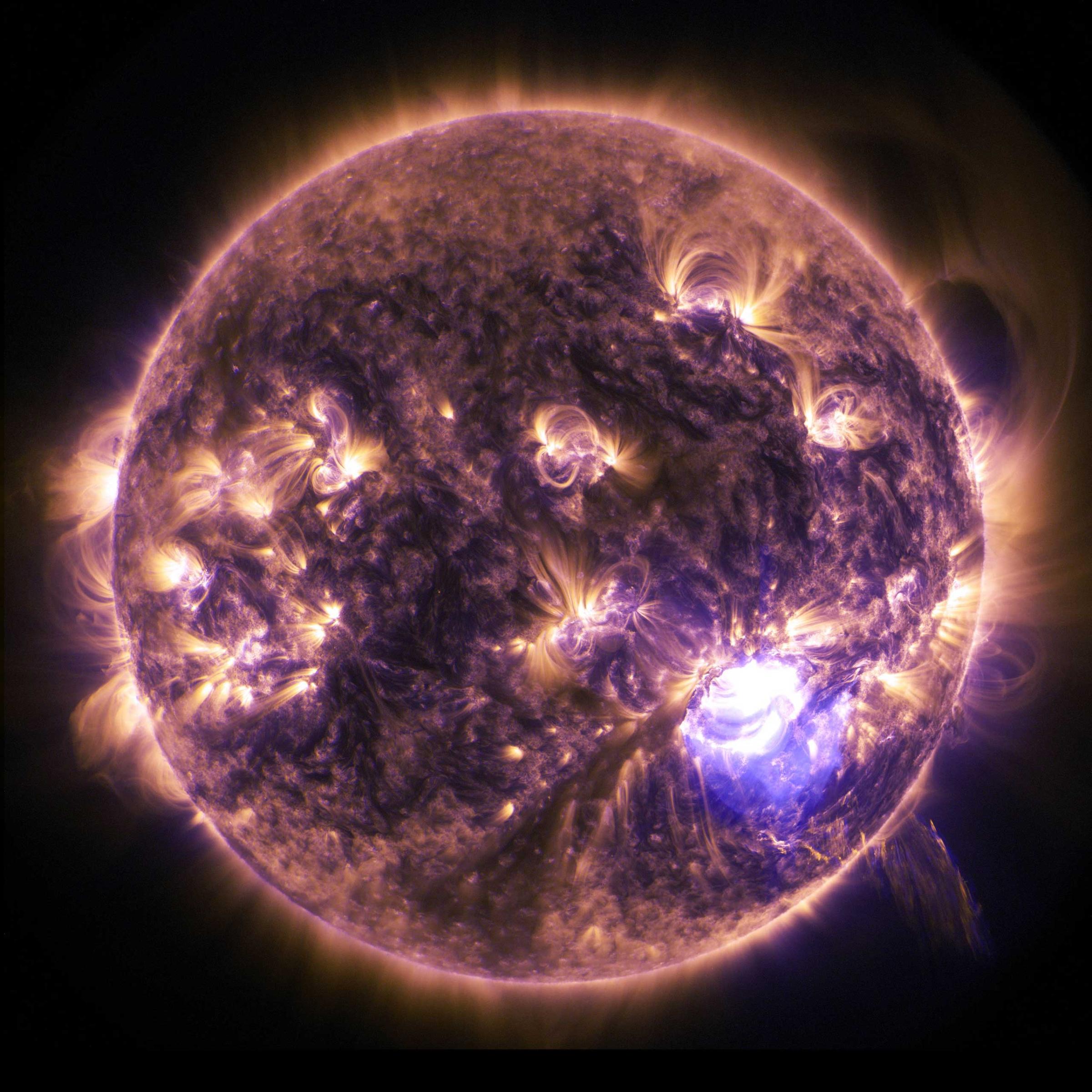 The sun emitted a significant solar flare, peaking at 7:28 p.m. EST on Dec. 19, 2014. NASA’s Solar Dynamics Observatory, which watches the sun constantly, captured an image of the event. Solar flares are powerful bursts of radiation. Harmful radiation from a flare cannot pass through Earth's atmosphere to physically affect humans on the ground, however -- when intense enough -- they can disturb the atmosphere in the layer where GPS and communications signals travel. This flare is classified as an X1.8-class flare. X-class denotes the most intense flares, while the number provides more information about its strength. An X2 is twice as intense as an X1, an X3 is three times as intense, etc.