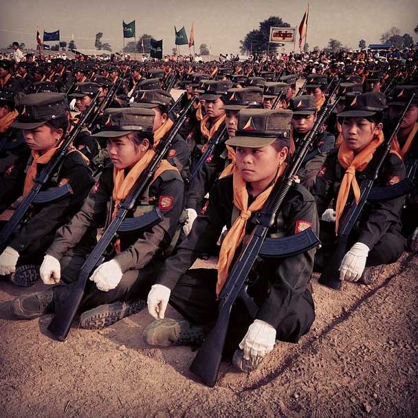A platoon of female Shan State soldiers sit on the parade ground during the Golden Jubilee celebrations of the founding of the Shan State. #army #soliders #shanstate #burma #panospictures Patrick Brown, Panos Pictures © 2014