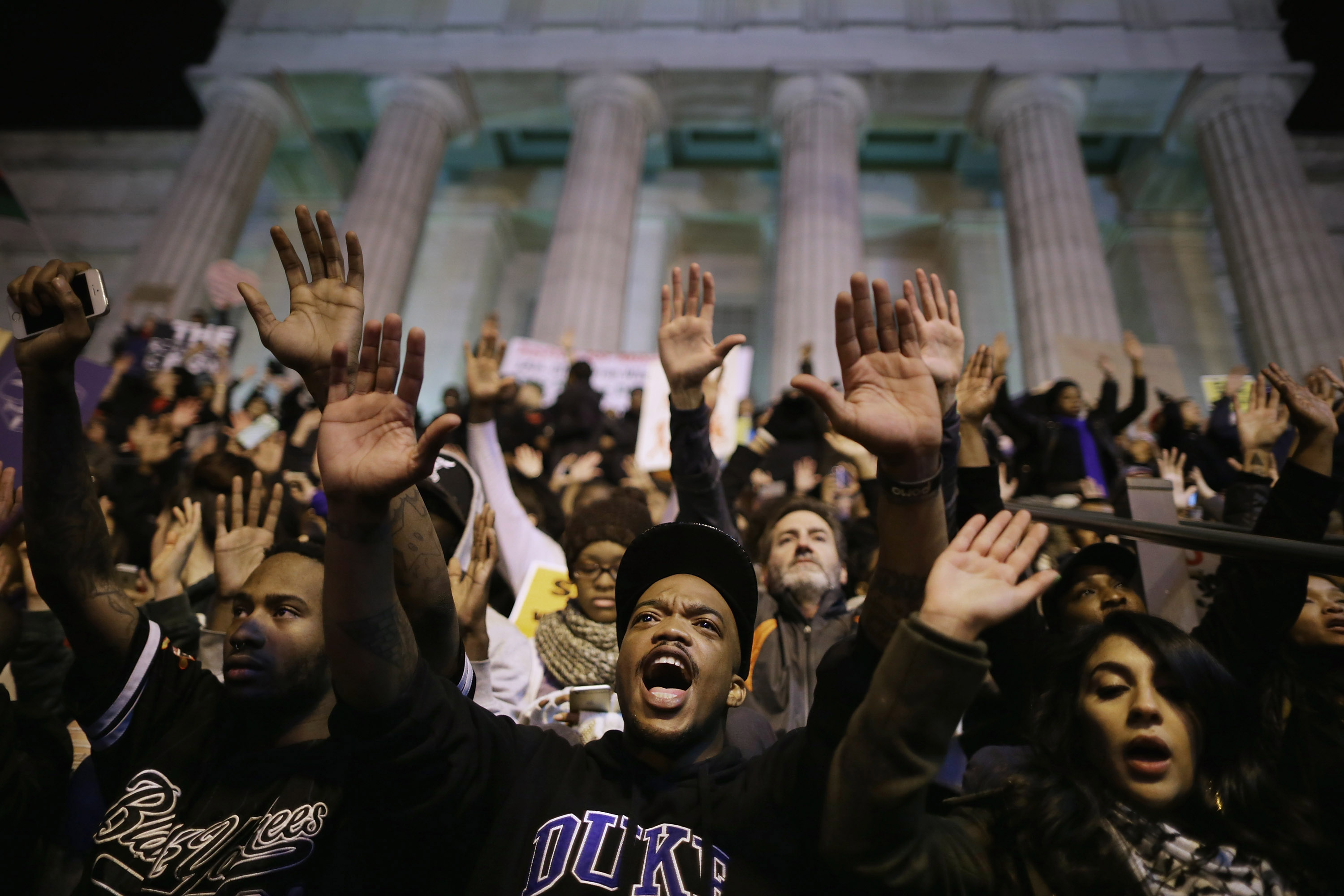 More than one thousand demonstrators chant "Hands up, don't shoot!" on the steps of the National Portrait Gallery in protest a day after the Ferguson grand jury decision to not indict officer Darren Wilson in the Michael Brown case November 25, 2014 in Washington, DC. (Chip Somodevilla&mdash;Getty Images)