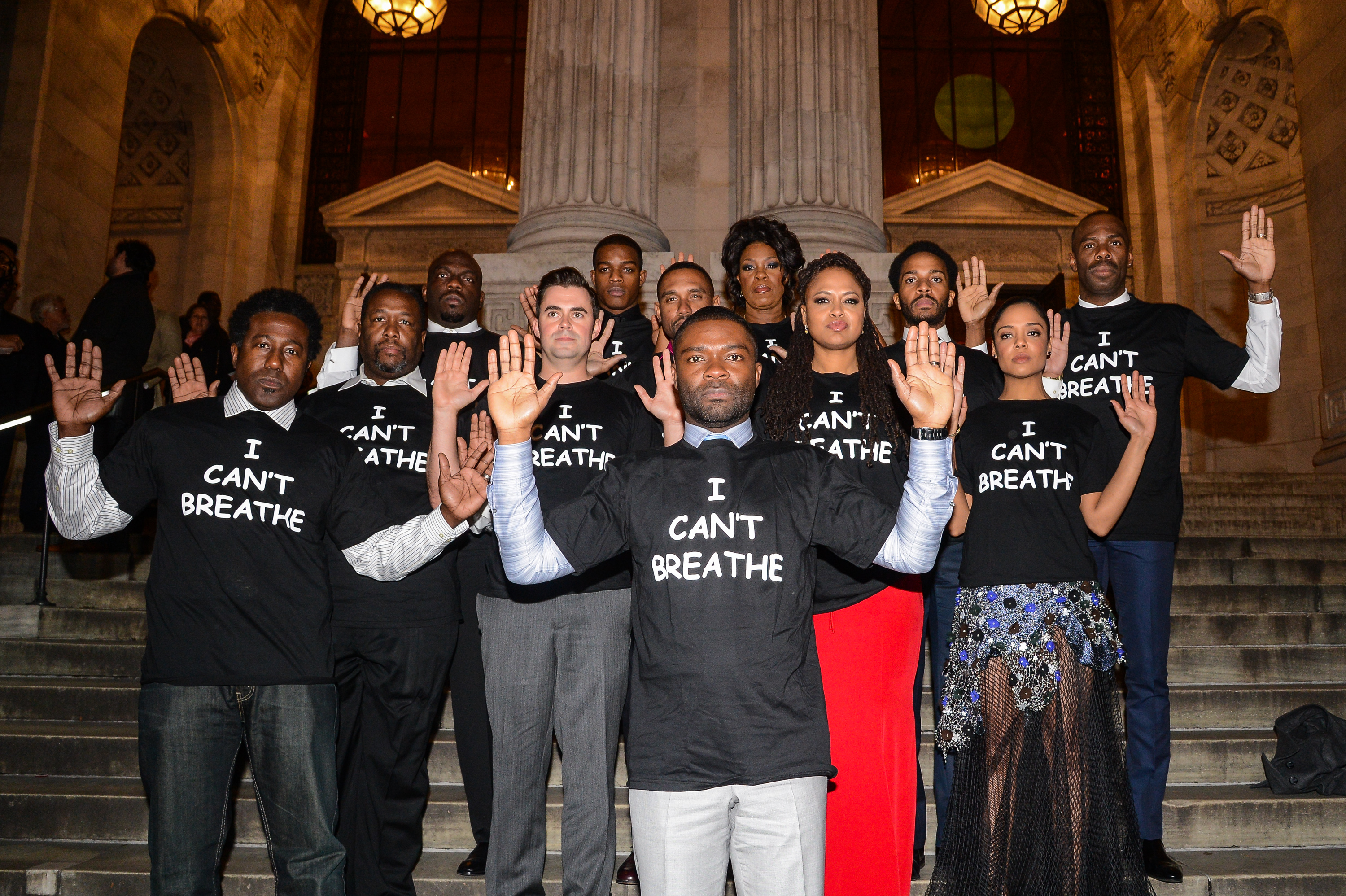 (L to R) "Selma" actors E. Roger Mitchell, Wendell Pierce, Omar Dorsey, John Lavelle, Stephan James, Kent Faulcon, David Oyelowo, Lorraine Toussaint, director Ava DuVernay, Tessa Thompson, Andre Holland, and Colman Domingo wear "I Can't Breathe" t-shirts to protest the death of Eric Garner at the New York Public Library on December 14, 2014 in New York City (Ray Tamarra&mdash;GC Images)