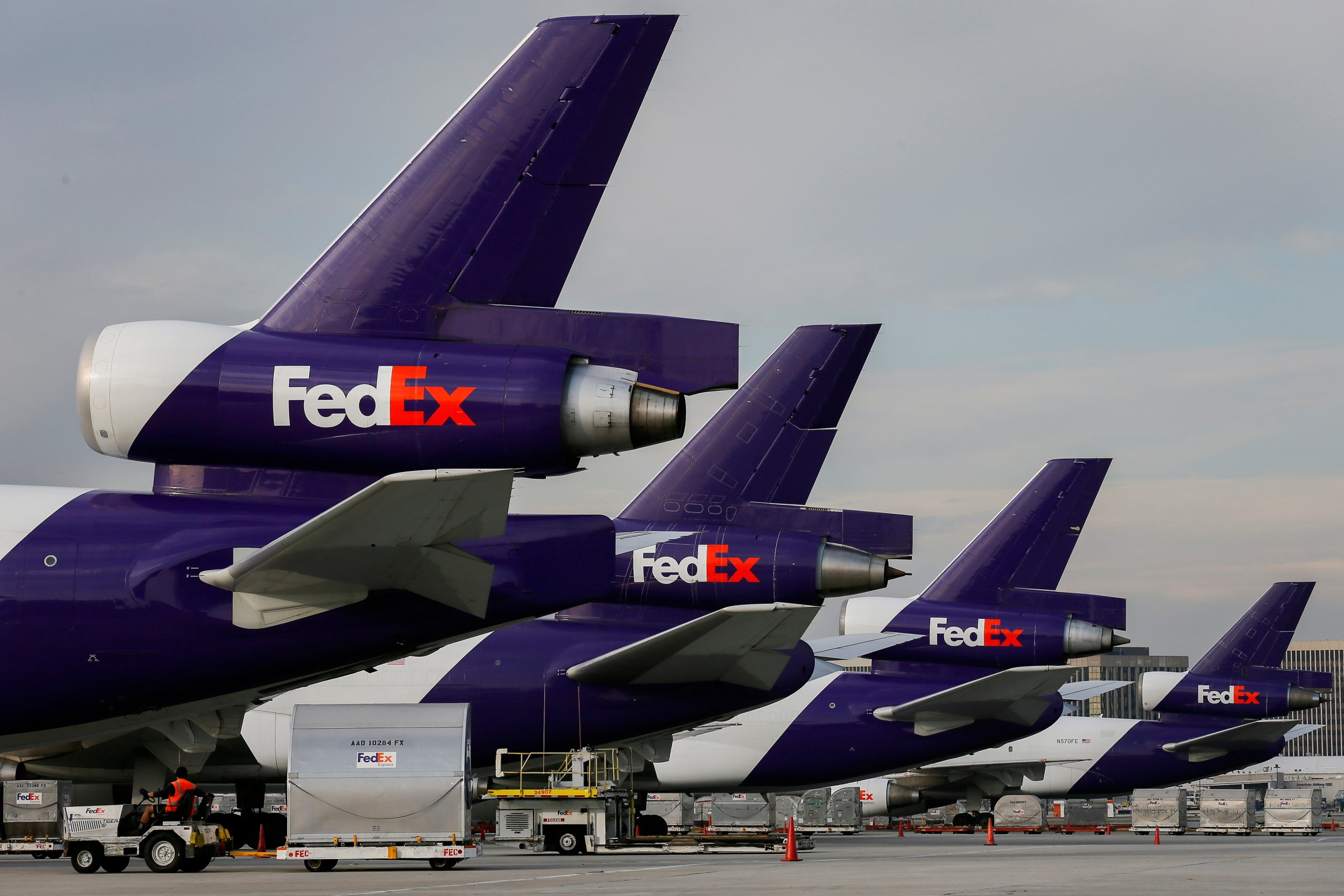 FedEx Corp. aircraft await at Los Angeles International Airport in Los Angeles on Dec. 15, 2014.