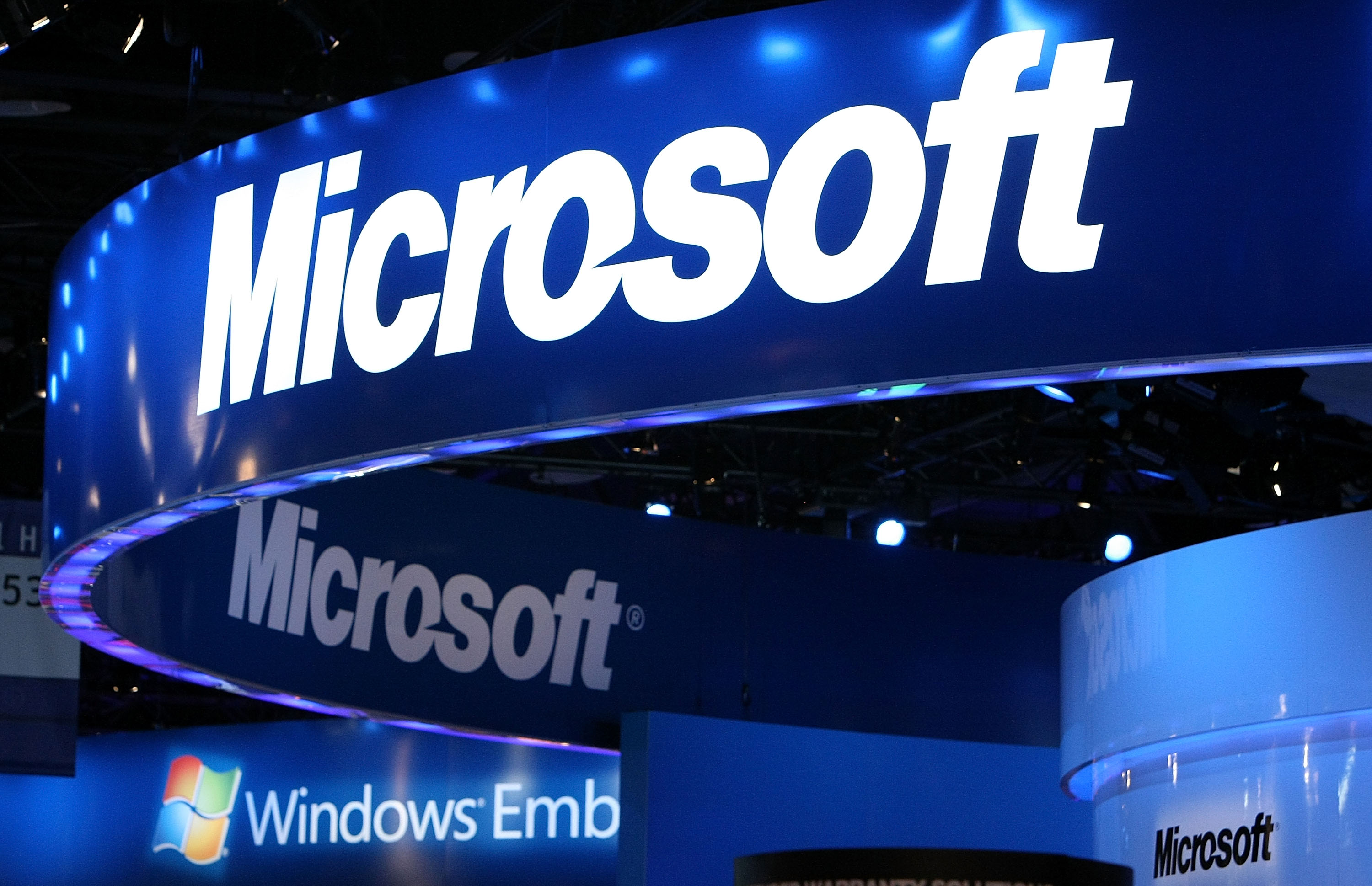 The Microsoft logo is displayed over the Microsoft booth at the 2010 International Consumer Electronics Show at the Las Vegas Hilton January 7, 2010 in Las Vegas, Nevada. (Justin Sullivan&mdash;Getty Images)