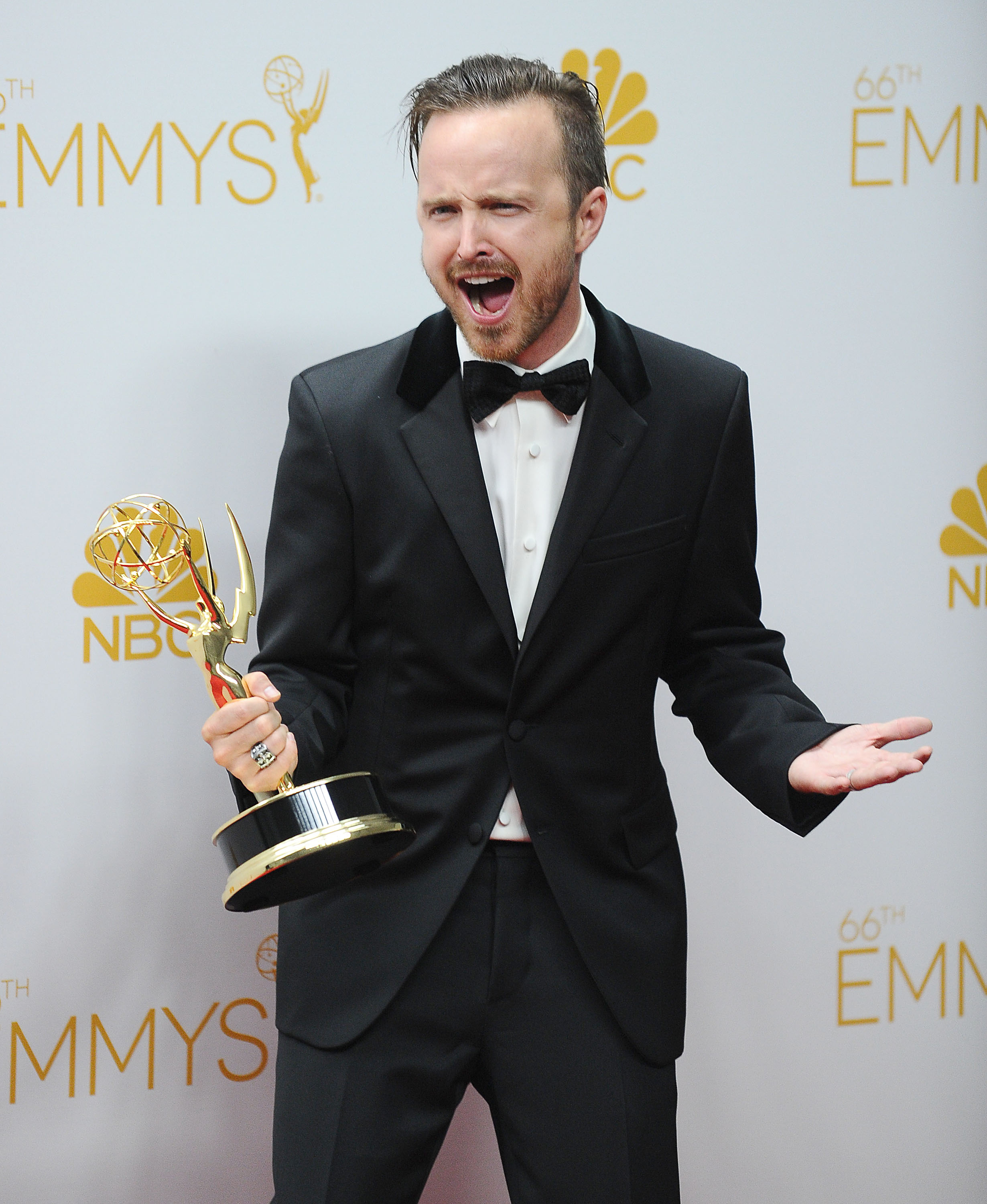 Actor Aaron Paul poses in the press room at the 66th annual Primetime Emmy Awards at Nokia Theatre L.A. Live on August 25, 2014 in Los Angeles, California. (Jason LaVeris&mdash;FilmMagic/Getty Images)