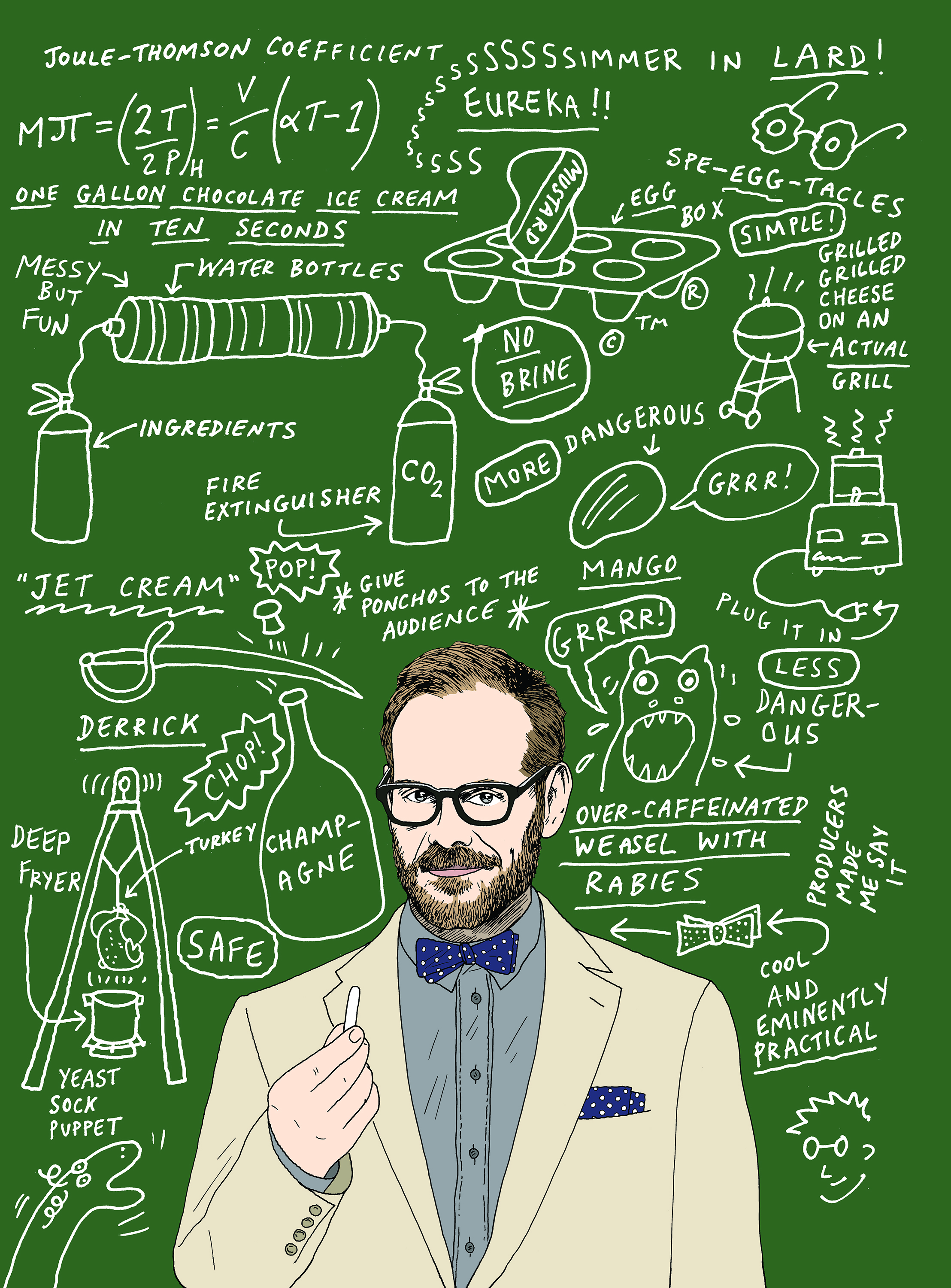 Gastronomy as grand spectacle: Brown mesmerizes fans with detailed, frequently hilarious explanations of the science behind traditional cooking techniques. (Illustration by Peter Arkle for TIME)