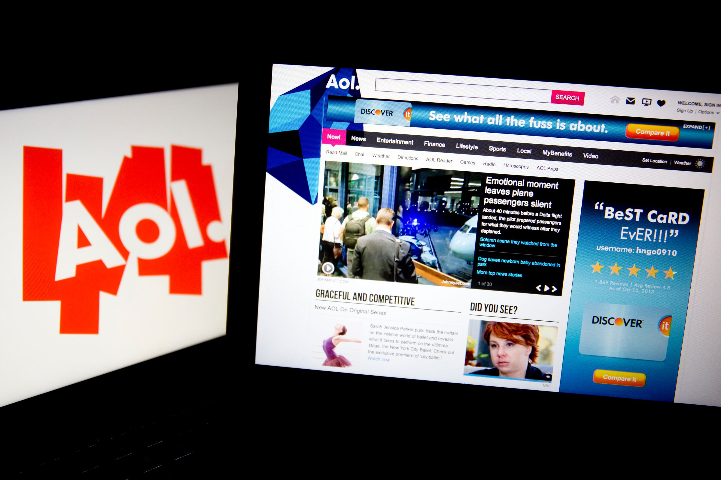 The Aol.com website and Aol Inc. logo on laptop computers.