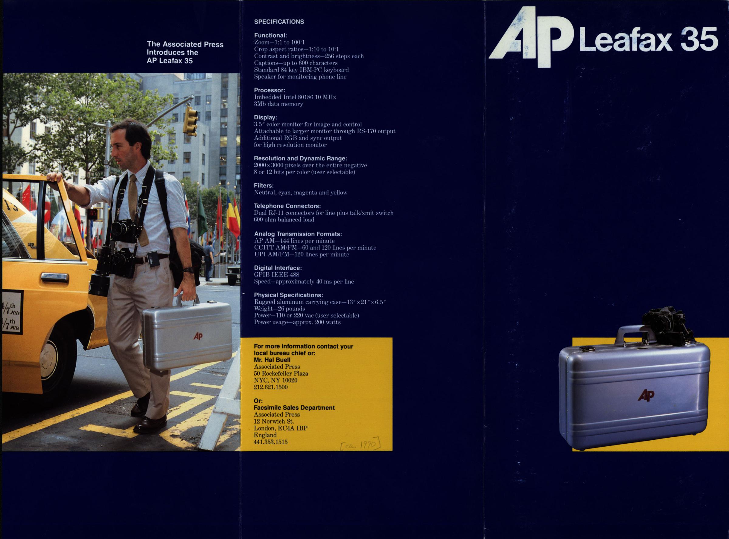 Promotional brochure announcing the AP Leafax 35, a picture transmitter that requires only a negative to transmit photographic images. 1988