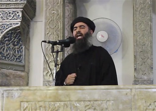This file image made from video posted on a militant website Saturday, July 5, 2014, which has been authenticated based on its contents and other AP reporting, purports to show the leader of the Islamic State group, Abu Bakr al-Baghdadi, delivering a sermon at a mosque in Iraq. (AP)
