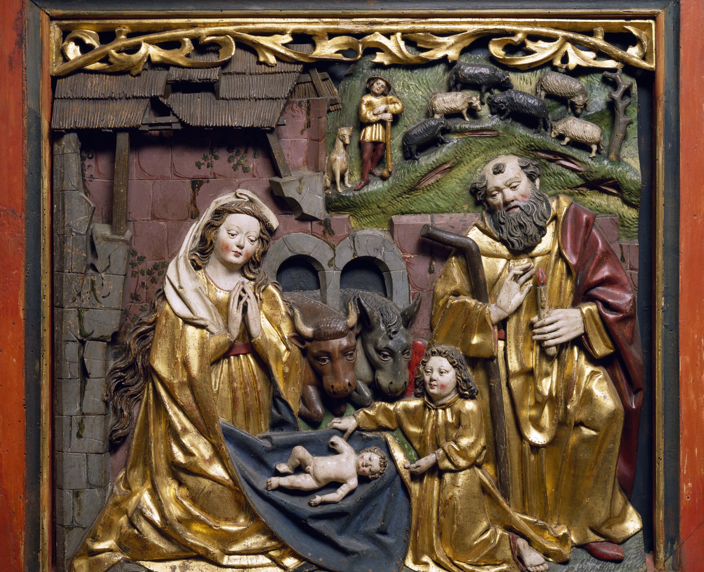 Nativity, detail from Altar of Mary, German school, polychrome wood relief, 16th century/