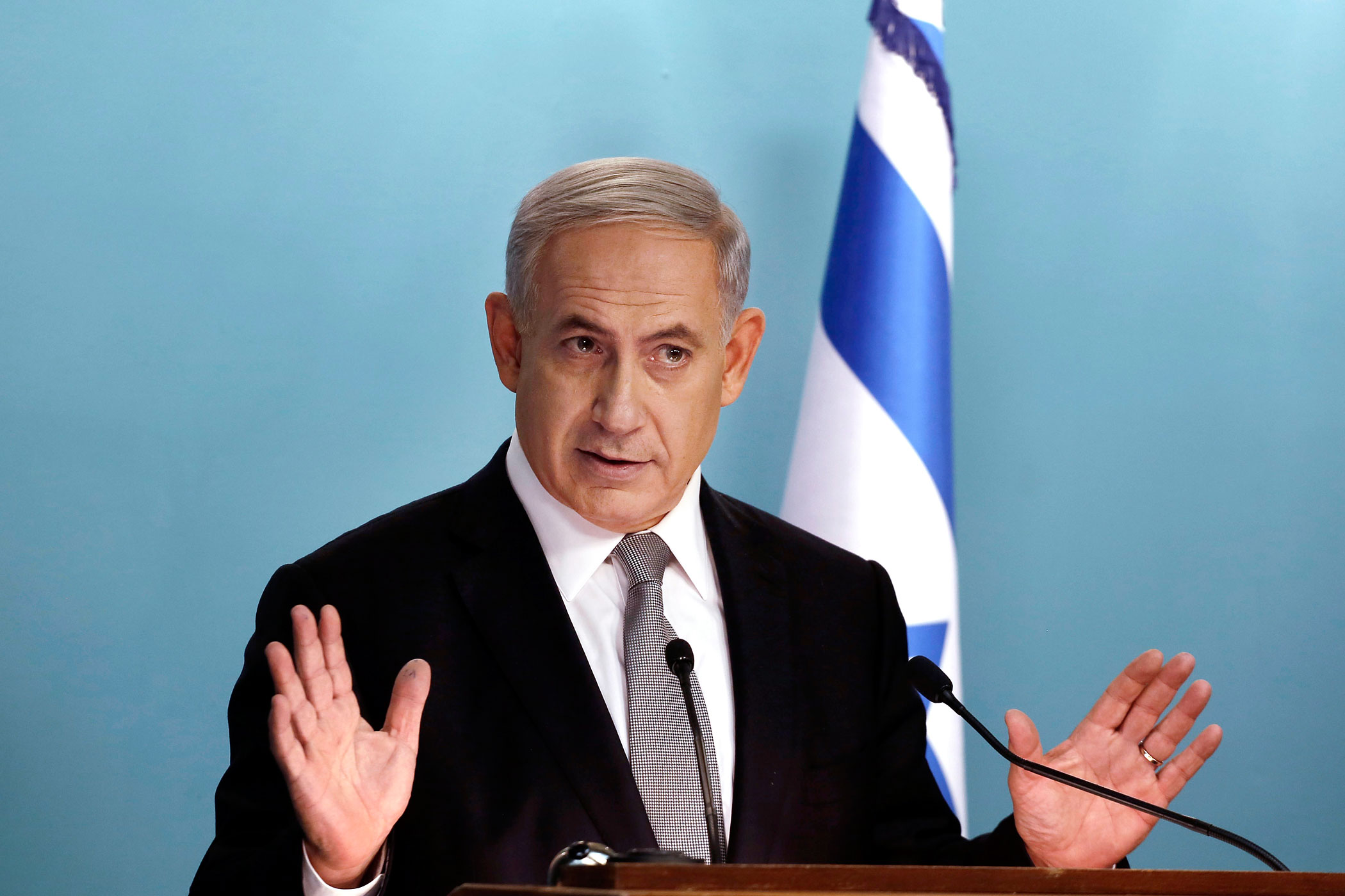 Israel's Prime Minister Netanyahu speaks during a news conference at his office in Jerusalem