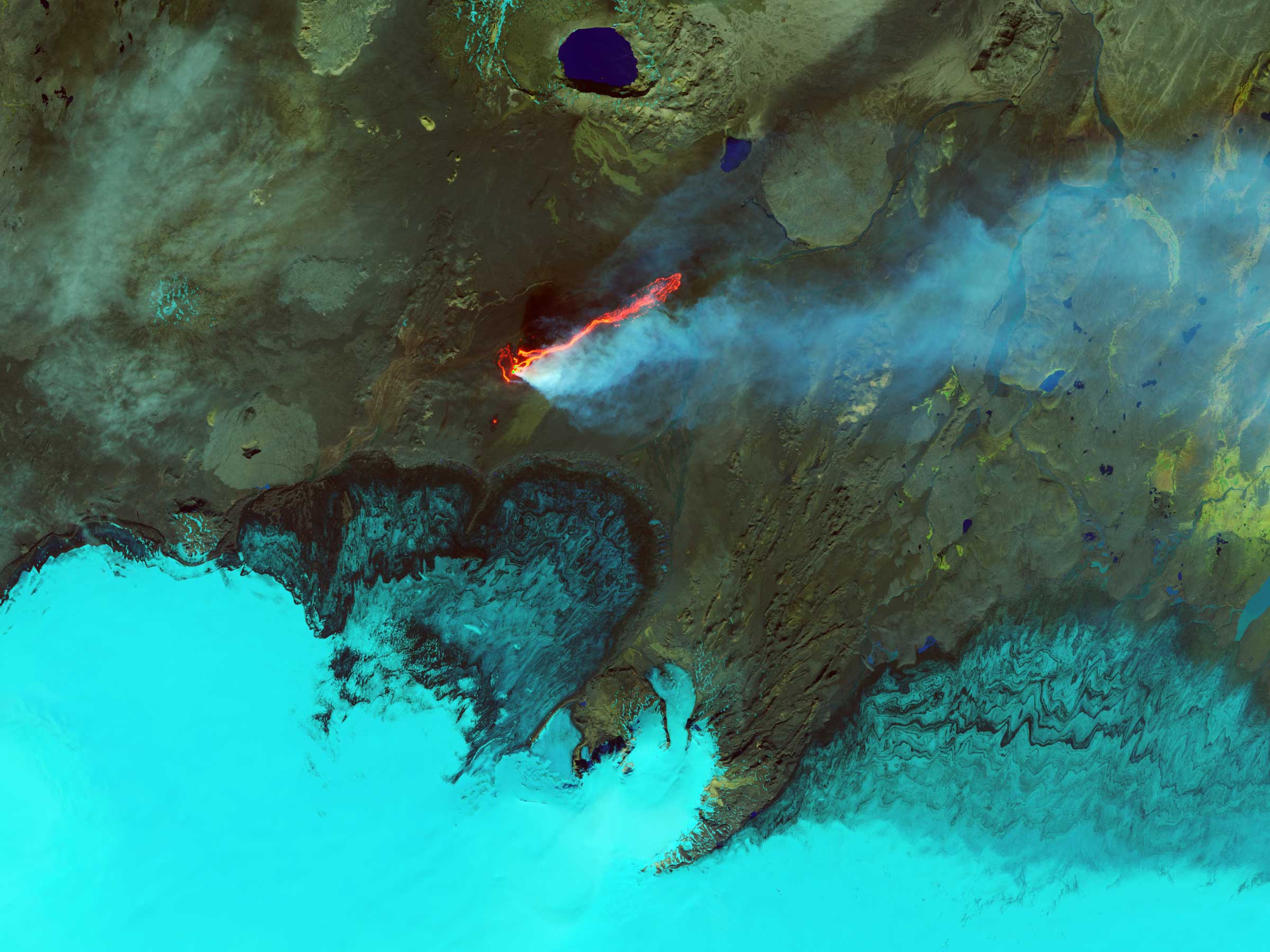 The Holuhraun lava field as seen with infrared imaging captured by the Operational Land Imager on Sept. 6, 2014,