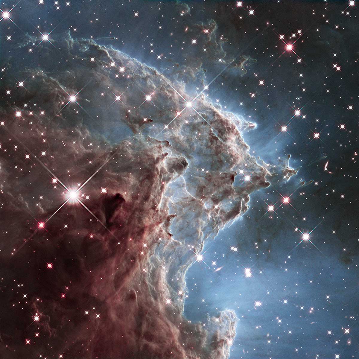 An infrared image of a small portion of the Monkey Head Nebula (also known as NGC 2174 and Sharpless Sh2-252) captured by the Hubble telescope, released on March 17, 2014. The nebula is a star-forming region that hosts dusky dust clouds silhouetted against glowing gas.NASA/ESA/Hubble Heritage Team (STScI/AURA)