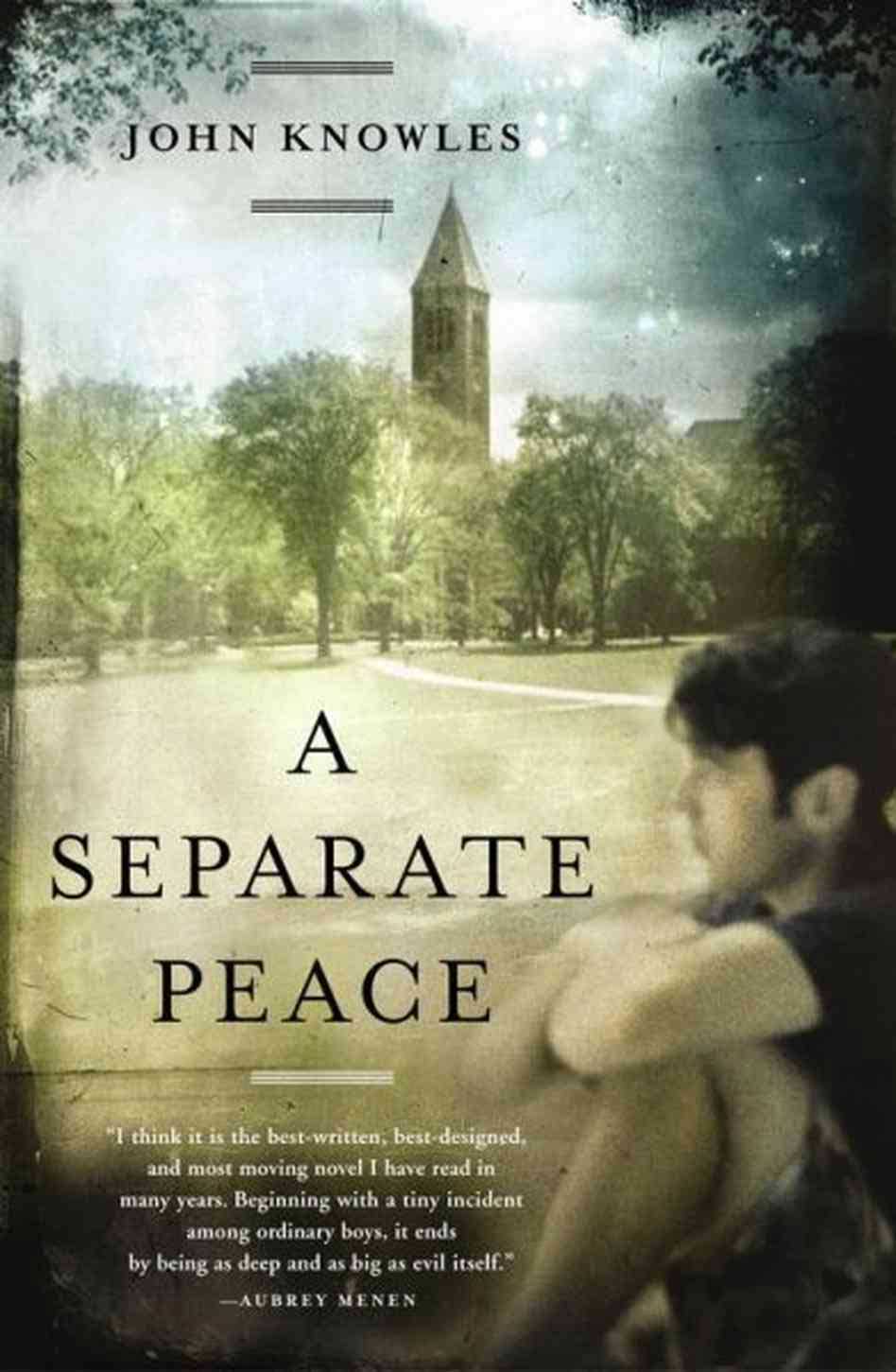 A Separate Peace, by John Knowles.
                              
                              
                              
                              Competition between two friends at an elite prep school reaches a climax when one of them impulsively shakes a tree branch the other is standing on and knocks him off, changing both of their lives forever.
                              
                              
                              
                              Buy now: A Separate Peace