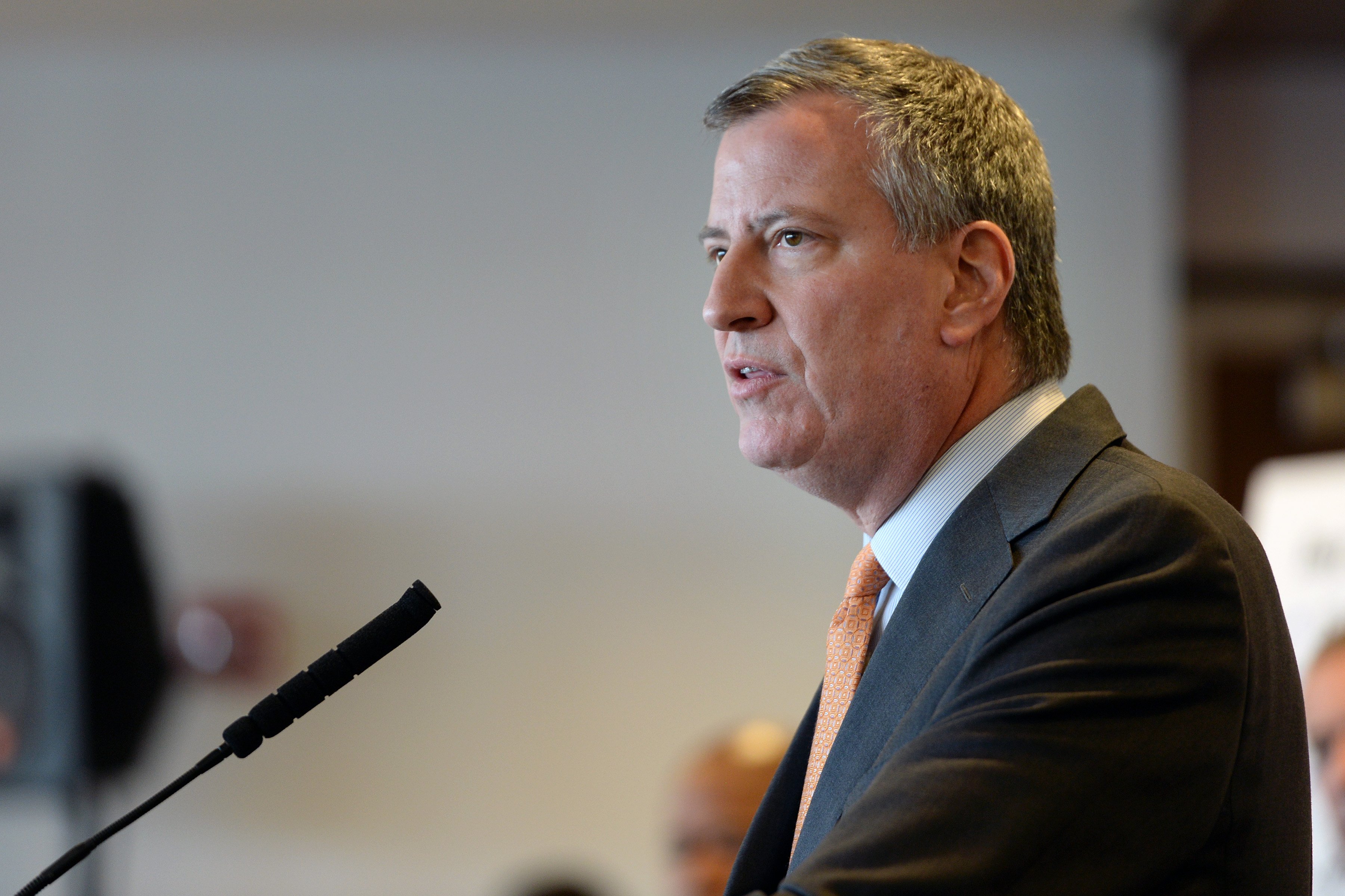 New York City Mayor Bill de Blasio holds a press conference to speak about new guidelines for NYPD officer retraining at the New York Police Academy in the Flushing section of Queens, New York, on Dec. 4, 2014.