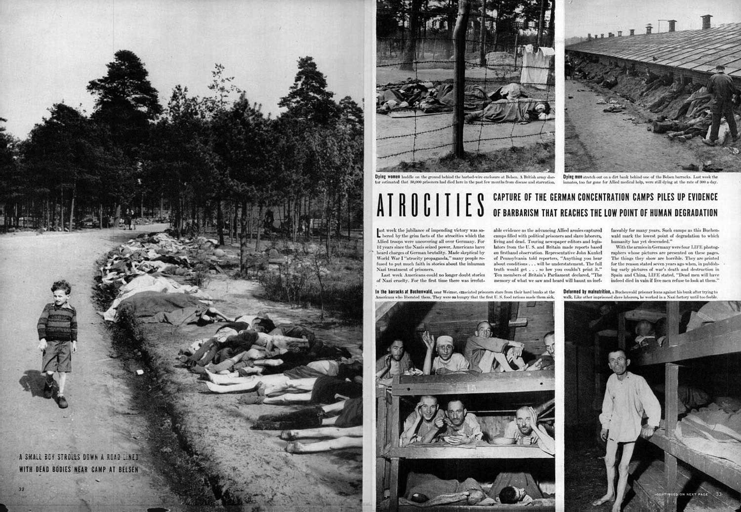 Life magazine, May 7, 1945. Credits: page 32—George Rodger; page 33—George Rodger (top), Margaret Bourke-White (bottom).