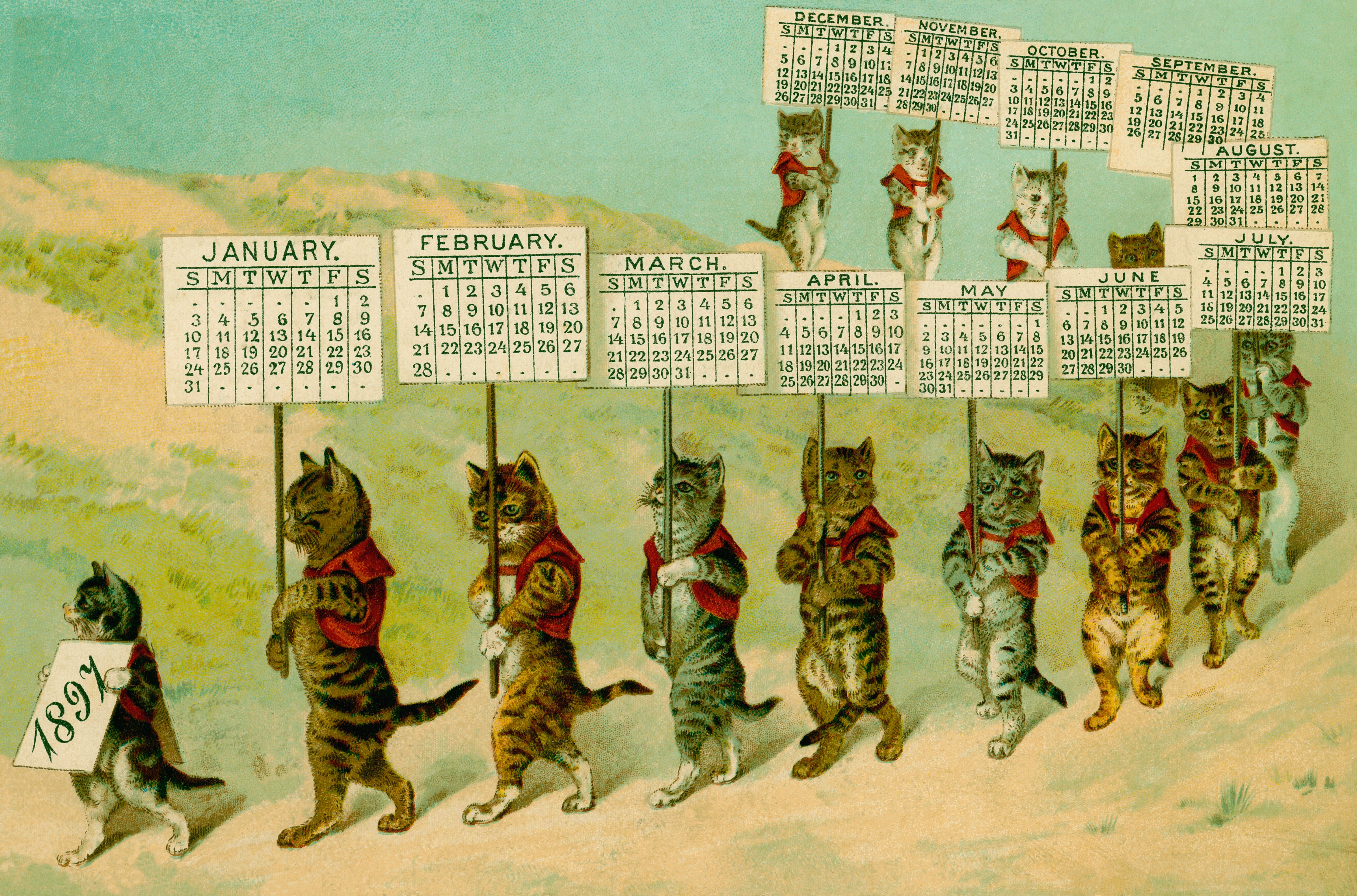 1897 Calendar with Parading Cats