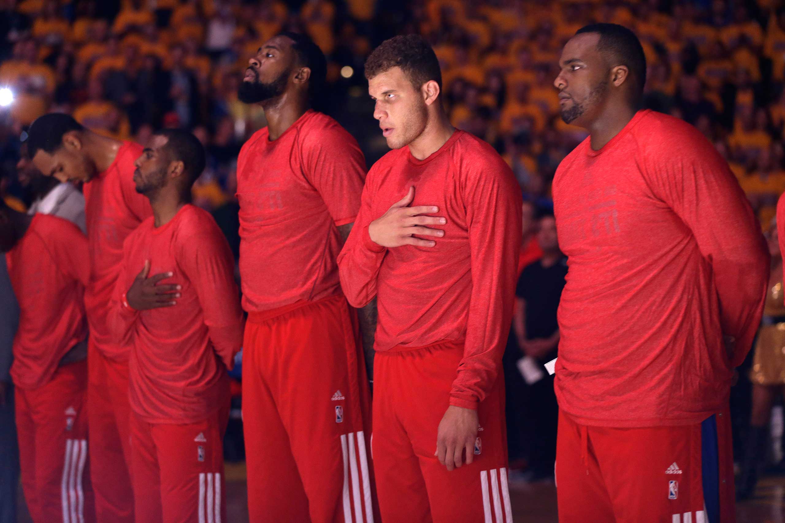 Los Angeles Clippers players wore their warmup jerseys inside out to protest racist remarks by team owner Donald Sterling on April 27, 2014, in Oakland, Calif. (Marcio Jose Sanchez--AP Photo)
