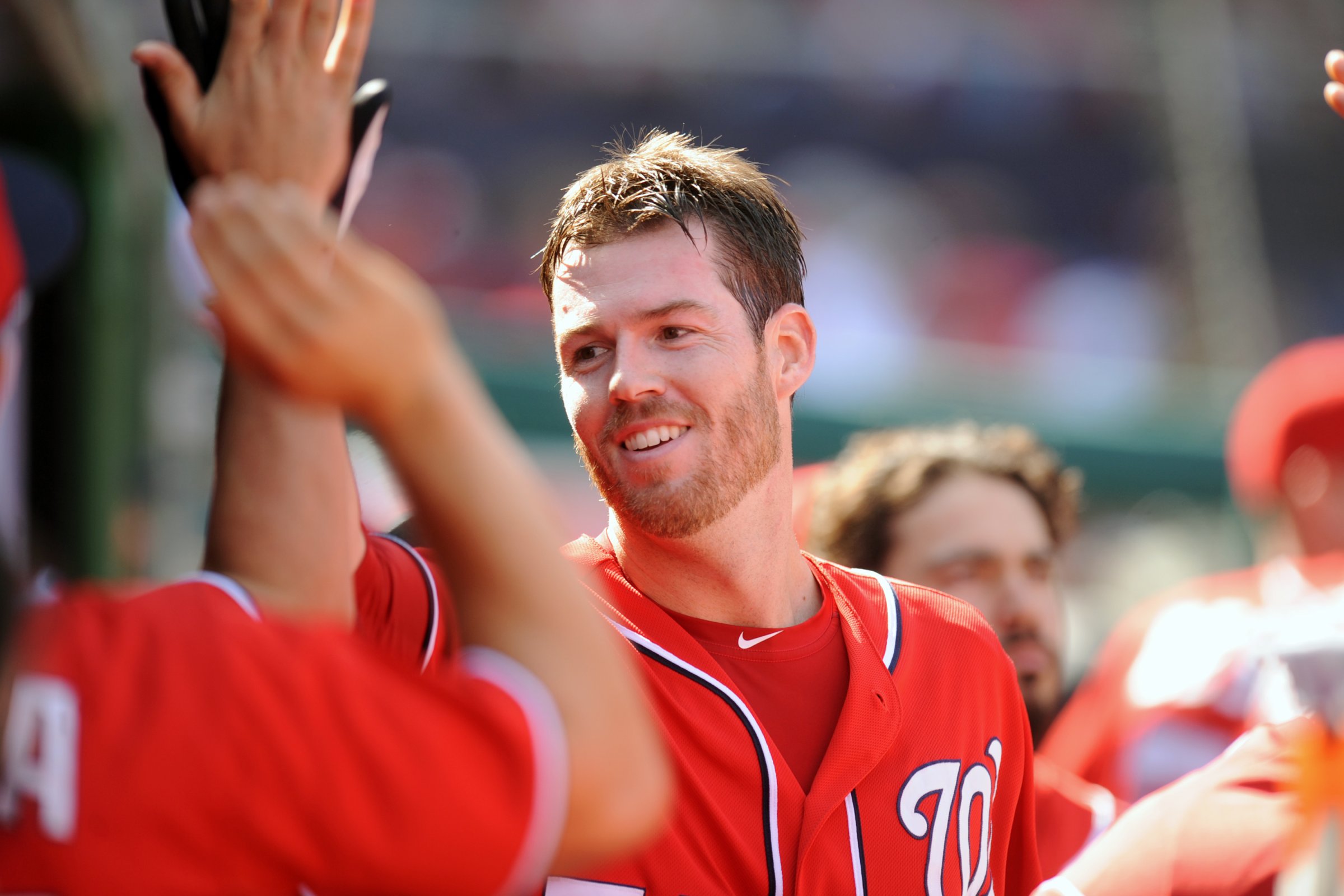 Doug Fister of the Washington Nationals celebrates scoring a run in the sixth inning on a Ryan ZImmerman single during one of a doubleheader against the Miami Marlins on Sept. 26, 2014 at Nationals Park in Washington.