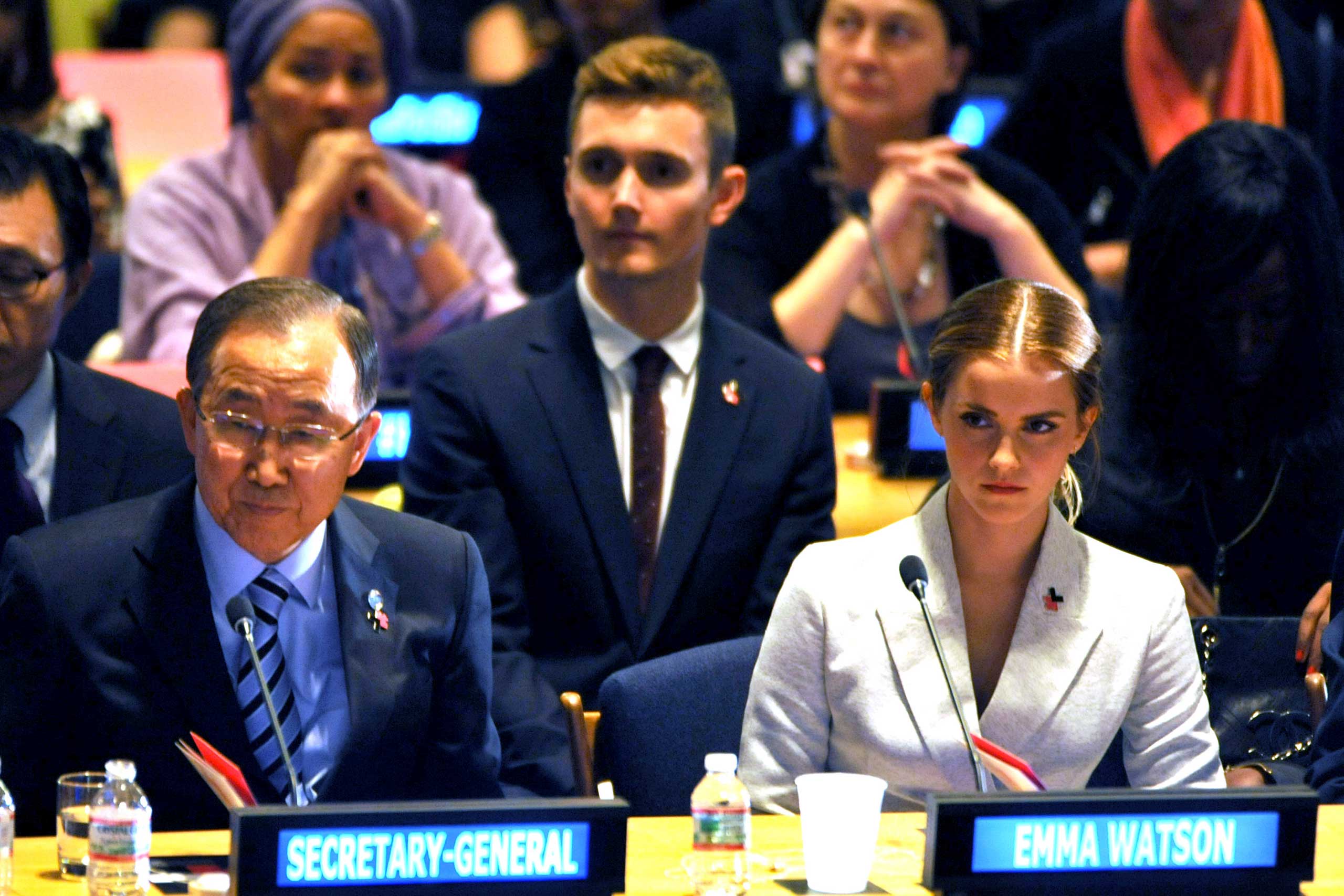 Emma Watson and Ban Ki-Moon attend the launch of the HeForShe Campaign at the United Nations in September of 2014 in New York. (Steve Sands—WireImage/Getty Images)