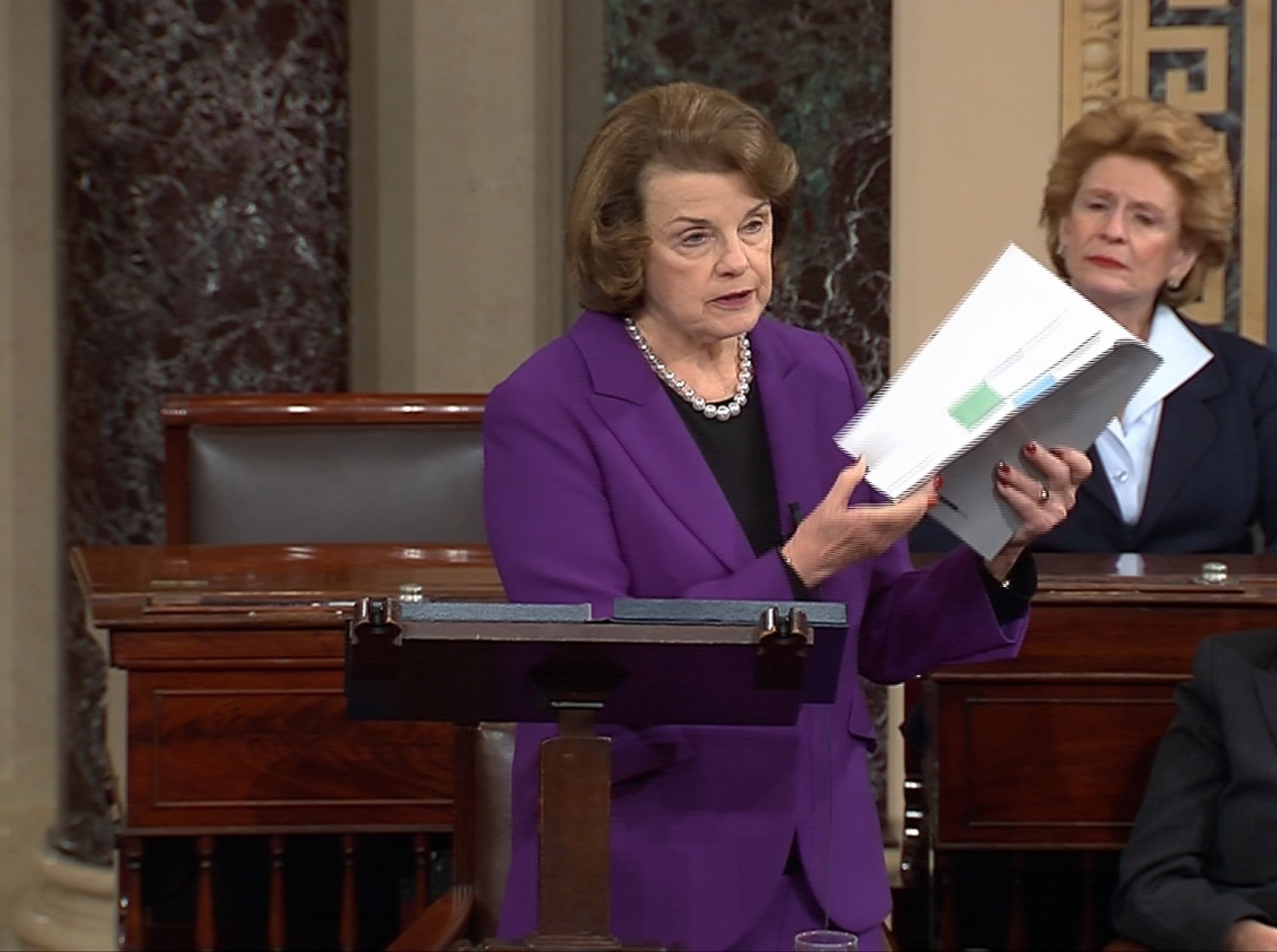 Senate Intelligence Committee Chairwoman Dianne Feinstein discusses a newly released Intelligence Committee report on the CIA's anti-terrorism tactics, in a speech on the floor of the U.S. Senate on Capitol Hill in Washington on Dec. 9, 2014. (Reuters)