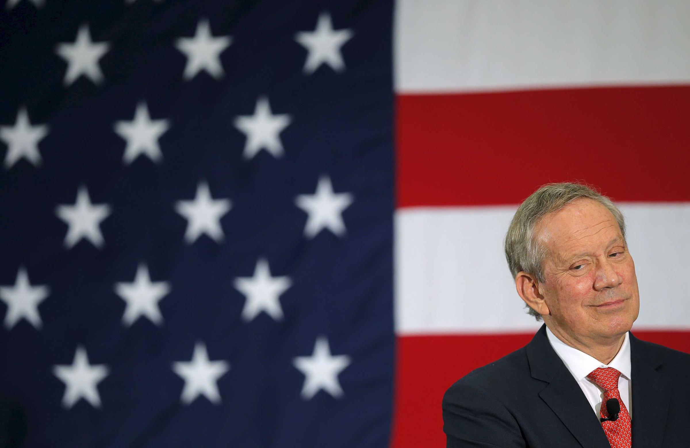 Former New York governor George Pataki listens to a question at the First in the Nation Republican Leadership Conference in Nashua, New Hampshire, in this April 17, 2015 file photo. Pataki on May 28, 2015 entered the race for the 2016 Republican presidential nomination, joining a crowded field of candidates vying to retake the White House for their party. REUTERS/Brian Snyder/Files