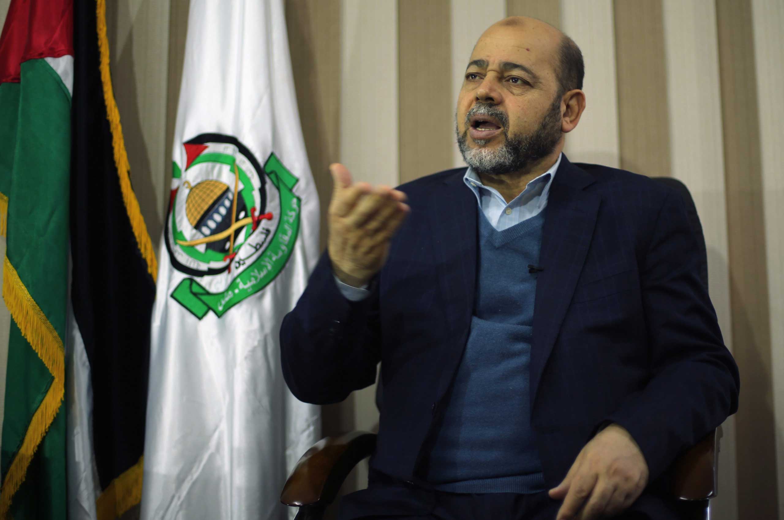 Deputy Hamas chief Moussa Abu Marzouk gestures during an interview with Reuters in Gaza City, Dec. 17, 2014. (Mohammed Salem—Reuters)