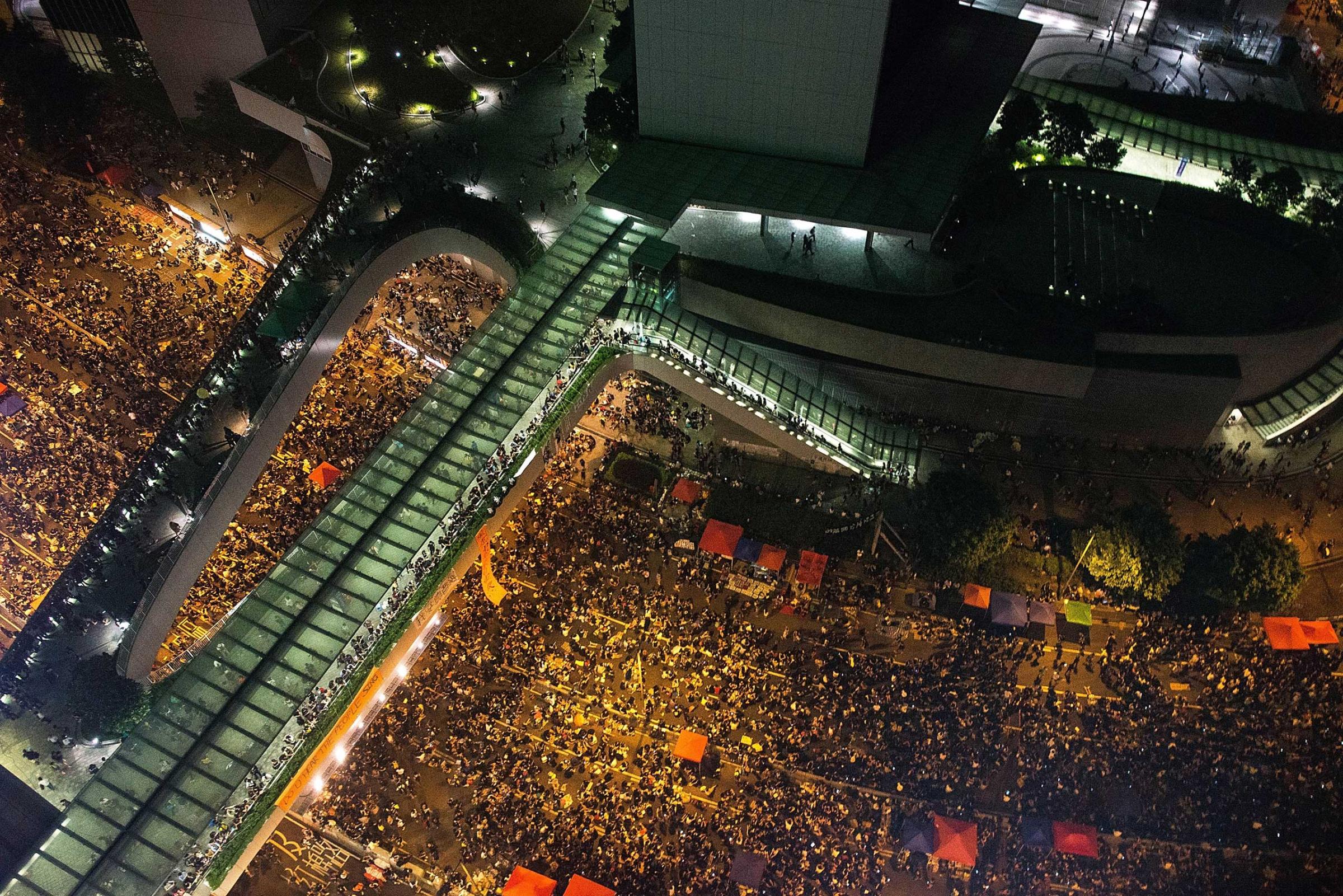 Protesters take part in a rally on a street outside of Hong Kong Government Complex on Sept. 30, 2014 in Hong Kong.