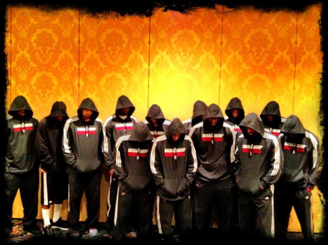 In this image posted to Miami Heat basketball player LeBron James' Twitter account in 2012, Miami Heat players wear team hoodies to protest the killing of unarmed black teen Trayvon Martin by neighborhood watch member George Zimmerman. (LeBron James via Twitter-- AP Photo)