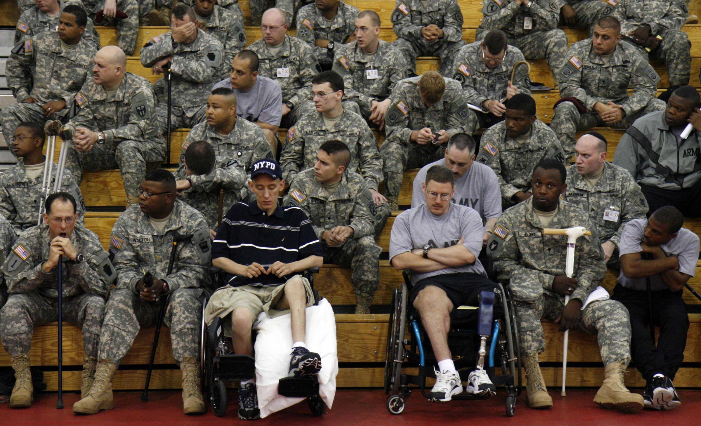 Wounded soldiers during a morning formation. Walter Reed Medical Center. 2007.