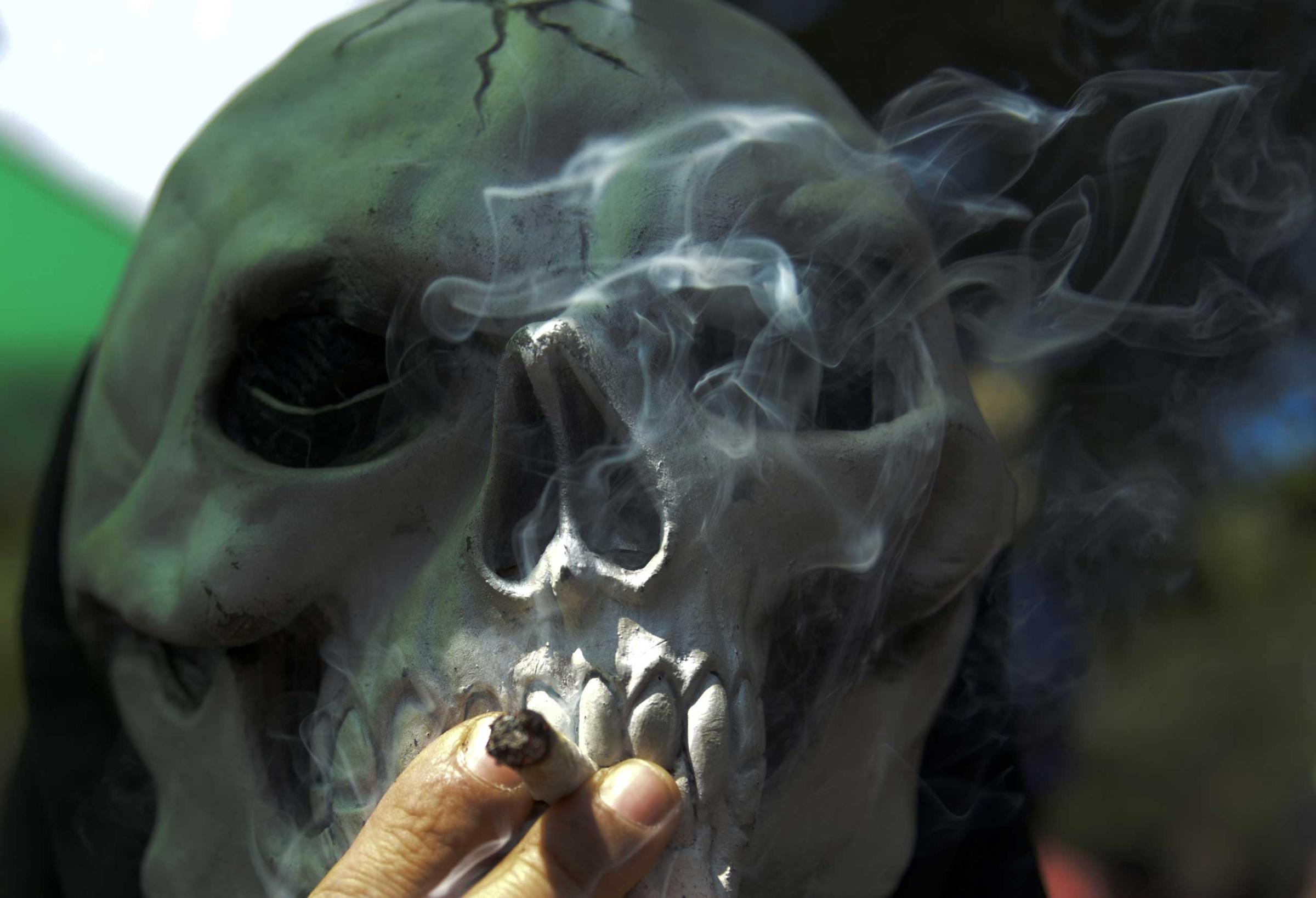 A masked person smokes marijuana during the World Day for the Legalization of Marijuana in Medellin,, Colombia, May 3, 2014.