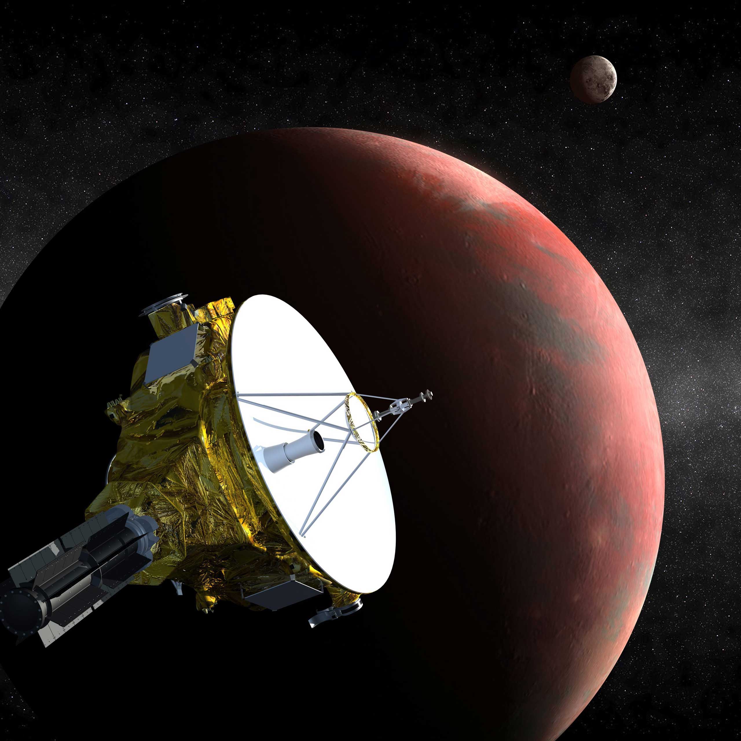 An undated artist's concept shows the New Horizons spacecraft as it approaches Pluto and its largest moon, Charon. (NASA/EPA)