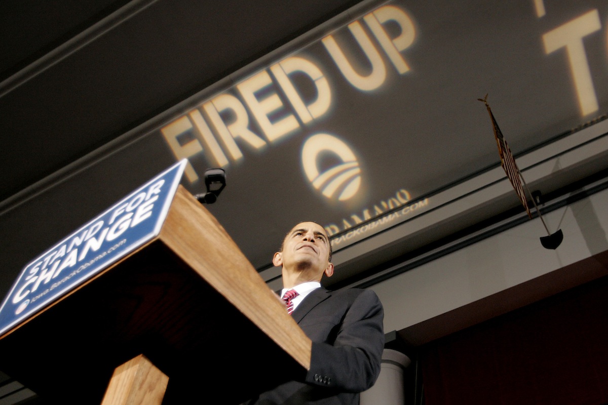 Barack Obama speaks during a rally in Cedar Rapids, Iowa, on Jan. 2, 2008. (Mauricio Rubio—Getty Images)