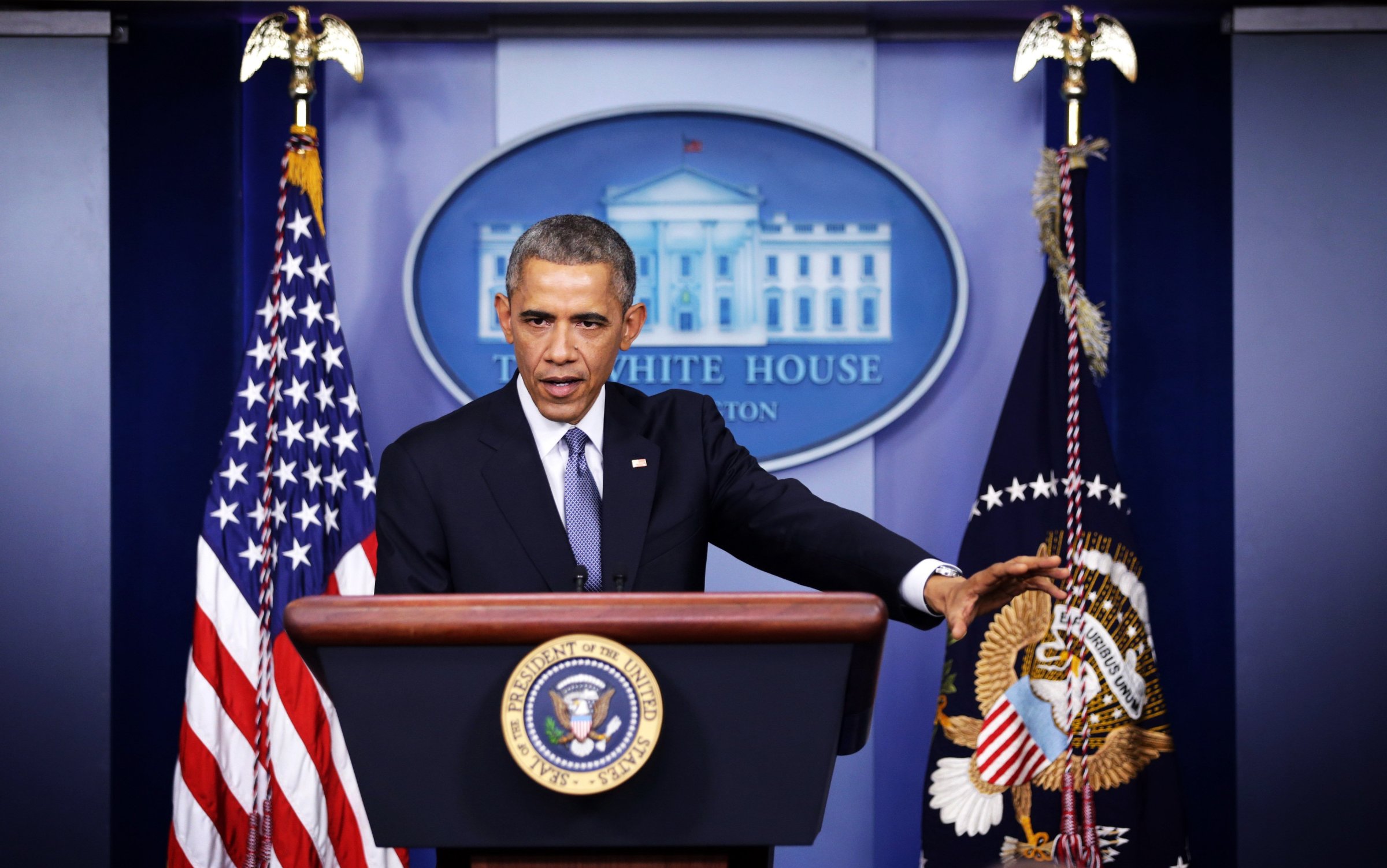 President Barack Obama speaks during his speech to members of the media during his last news conference of the year in the James Brady Press Briefing Room of the White House on Dec. 19, 2014 in Washington.