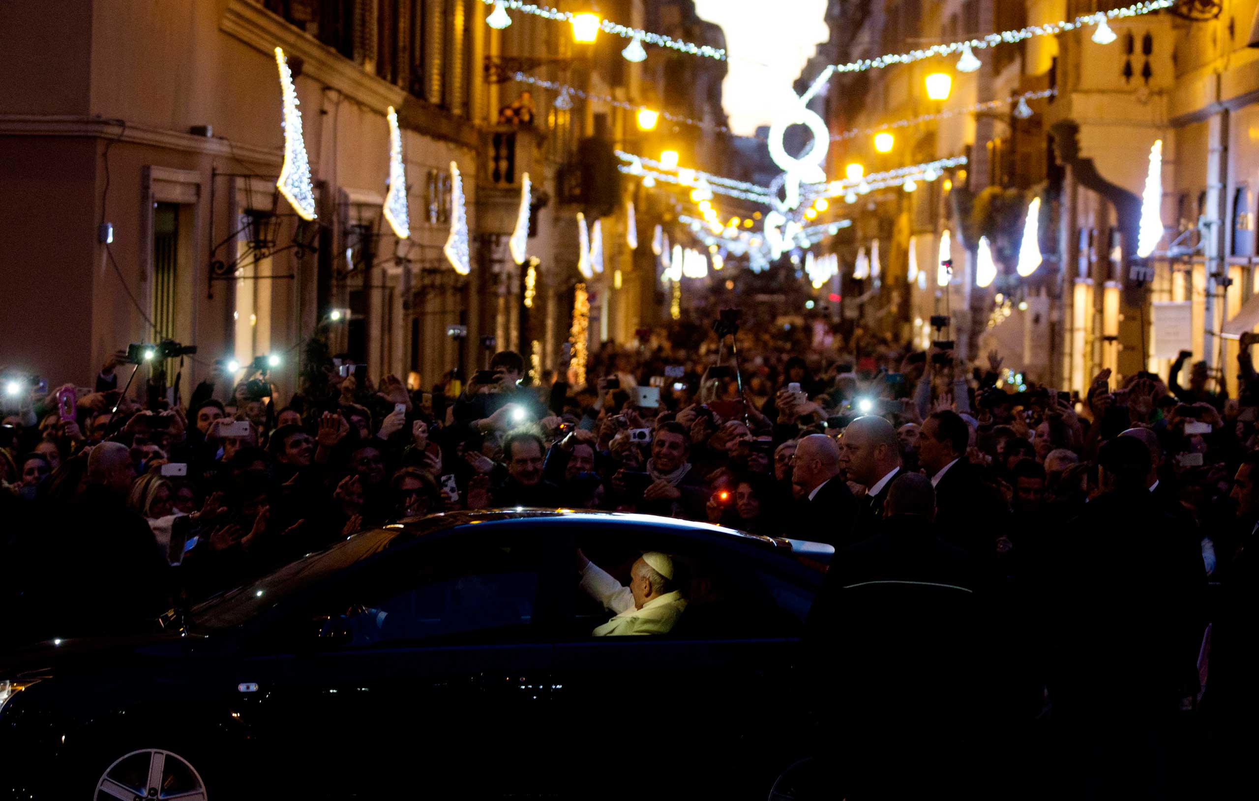 Dec. 8, 2014. Pope Francis leaves after he prayed in front of the statue of the Virgin Mary on the occasion of the Immaculate Conception feast in Rome.