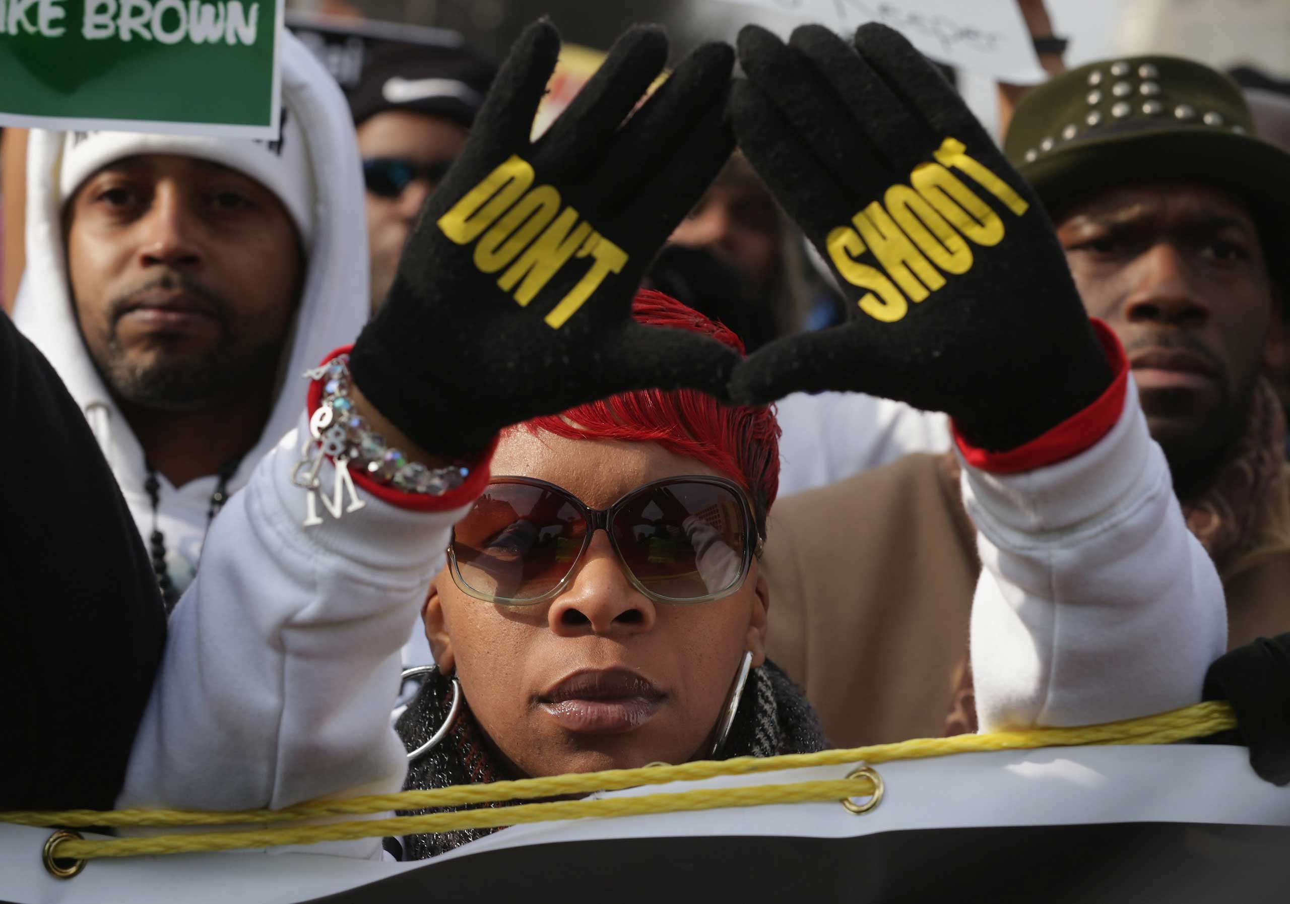 Lesley McSpadden, mother of unarmed teenager Michael Brown, shot and killed in Ferguson, Mo., in August, helps lead the march on Dec. 13, 2014 in Washington D.C.