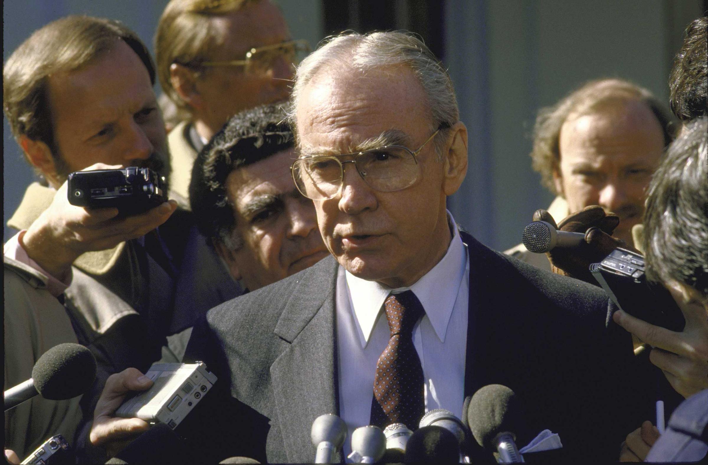 UNITED STATES - MARCH 01: Rep. Jim Wright speaking to press after meeting with President Reagan on Geneva arms talks. (Photo by Diana Walker/Time &amp; Life Pictures/Getty Images)