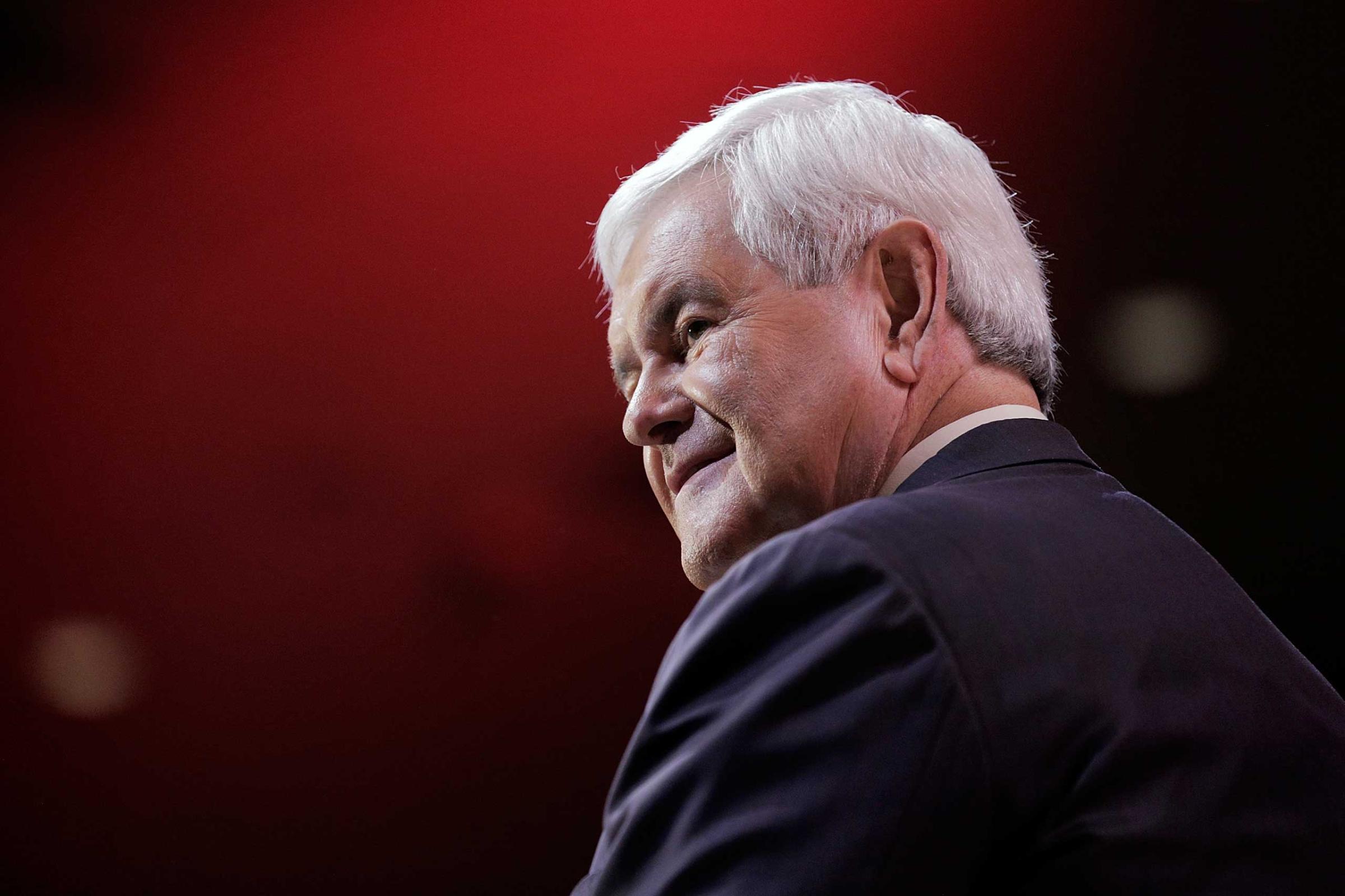 NATIONAL HARBOR, MD - MARCH 08: Newt Gingrich, former speaker of the U.S. House of Representatives, speaks during the 41st annual Conservative Political Action Conference at the Gaylord International Hotel and Conference Center on March 8, 2014 in National Harbor, Maryland. The conference, a project of the American Conservative Union, brings together conservatives polticians, pundits and voters for three days of speeches and workshops. (Photo by T.J. Kirkpatrick/Getty Images)