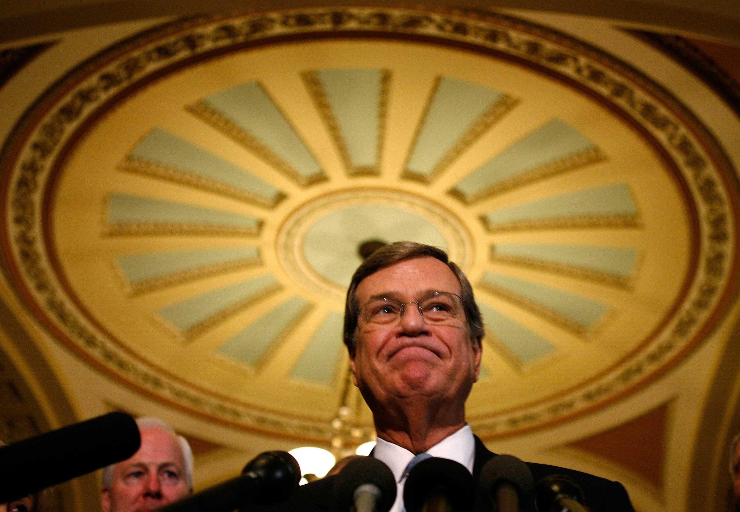Newly-elected U.S. Senate Republican Whip Trent Lott (R-MS) is pictured following secret voting for the new Senate Reblican leadership on Capitol Hill in Washington November 15, 2006. Lott resigned as House majority leader in 2002 during a controversy over remarks that were seen as racially insensitive. REUTERS/Jason Reed (UNITED STATES) - RTR1JD3F