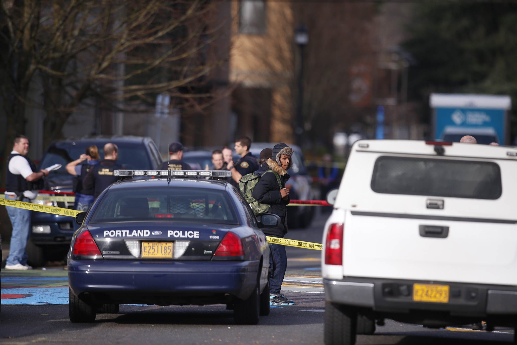 The scene in North Portland where a shooting occurred near Rosemary Anderson High School on Dec. 12, 2014. (Bruce Ely—The Register-Guard/AP)
