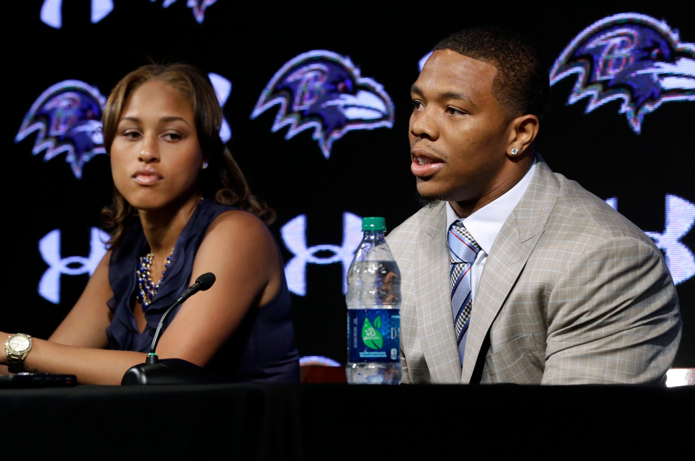 Baltimore Ravens running back Ray Rice speaks alongside his wife Janay during a news conference at the team's practice facility in Owings Mills, Md on May 23, 2014.