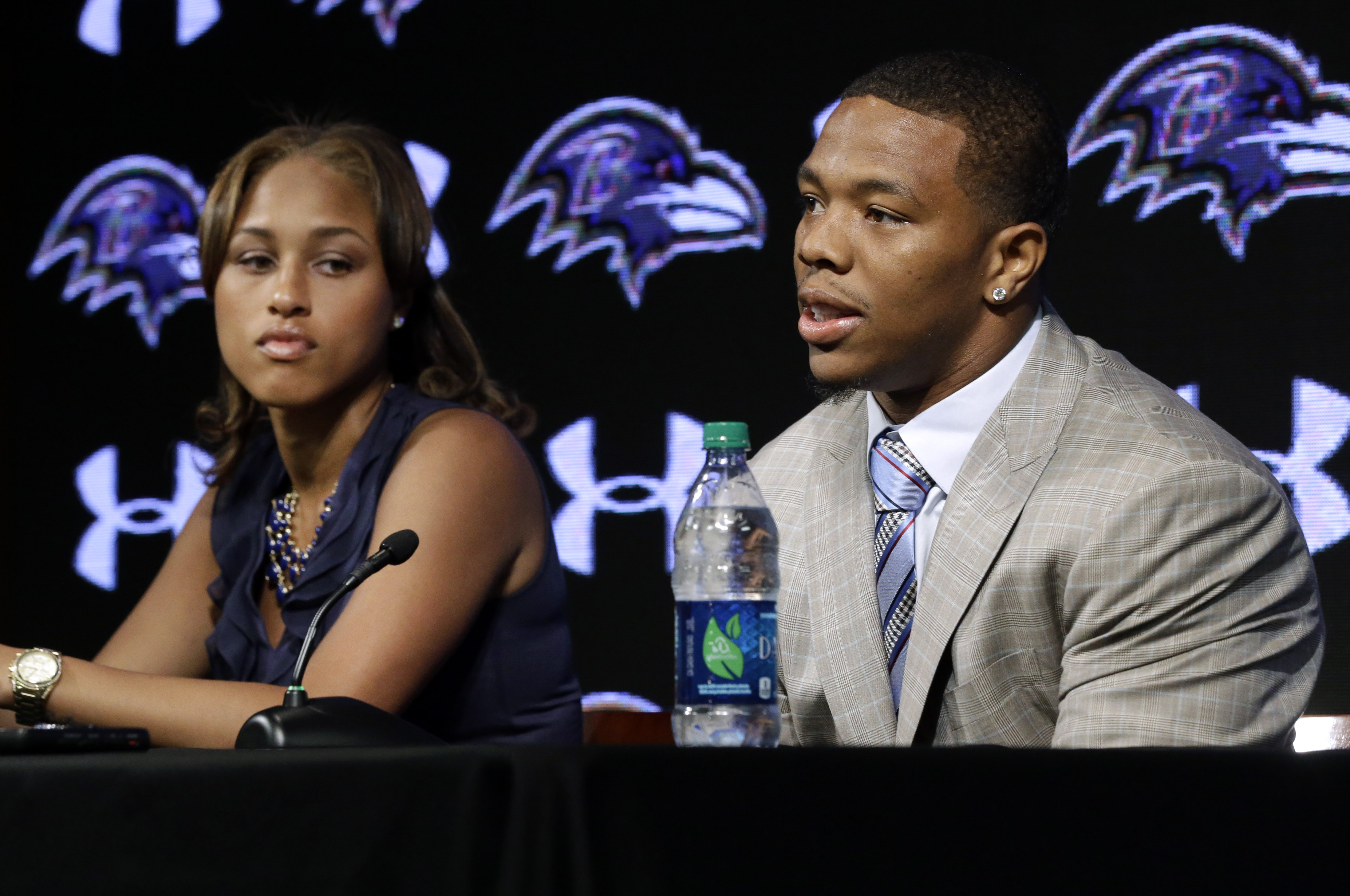 Baltimore Ravens running back Ray Rice speaks alongside his wife Janay during a news conference at the team's practice facility in Owings Mills, Md on May 23, 2014. (Patrick Semansky—AP)