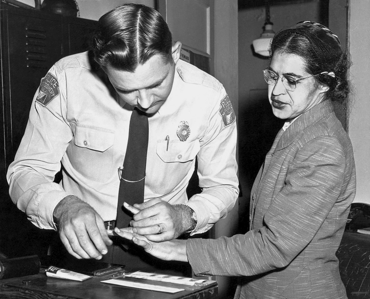 Rosa Parks being fingerprinted in Montgomery, Ala., in 1956 (Underwood Archives / Getty Images)