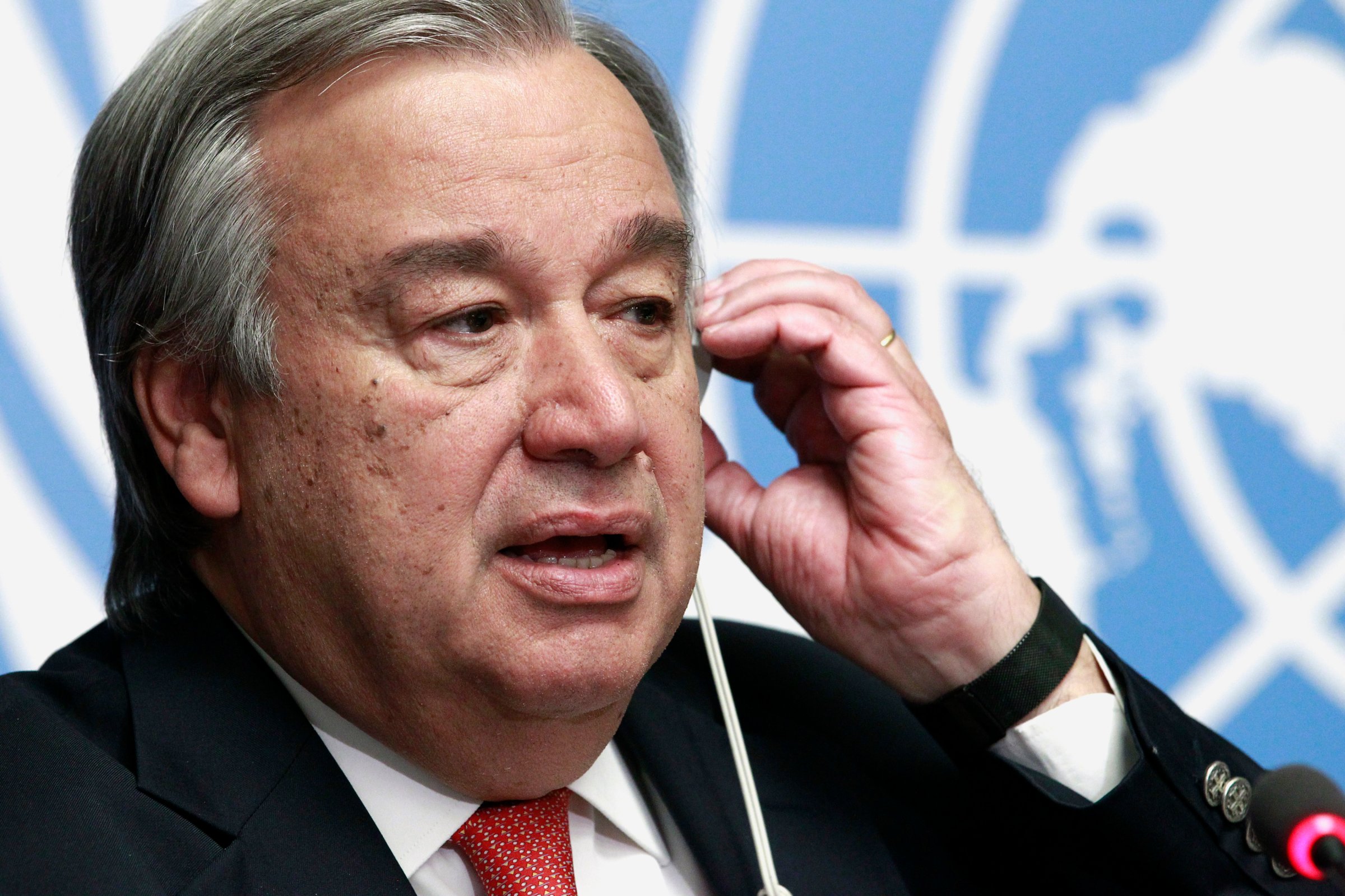 UN High Commissioner for Refugees Guterres gestures during a news conference for the Global Humanitarian appeal for 2015 in Geneva