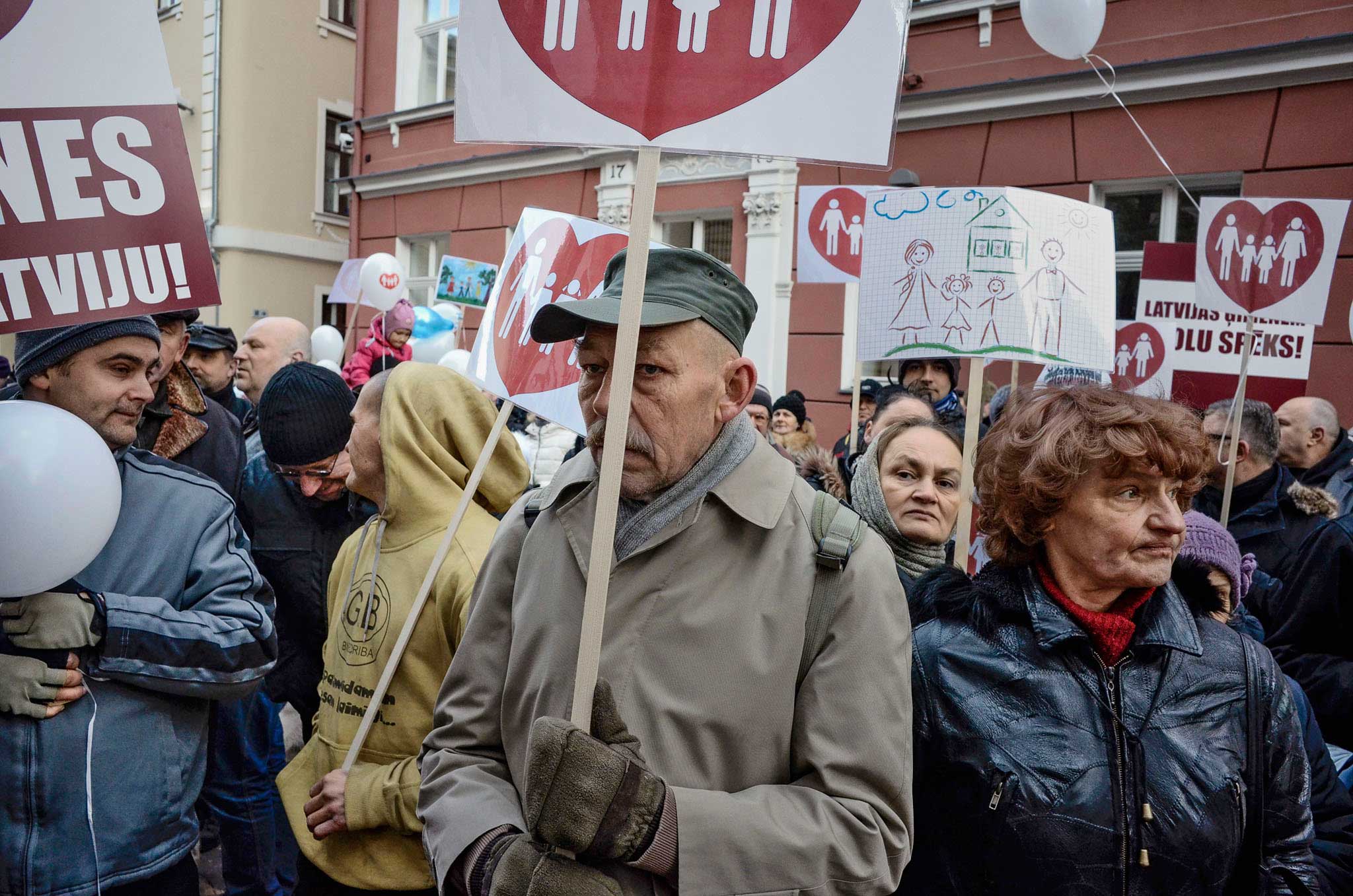 Conservative Protesters march in Riga, Latvia in support of traditional families, October 25th, 2014. Many in the group believe that homosexuality did not exist in Latvia before they joined the European Union.