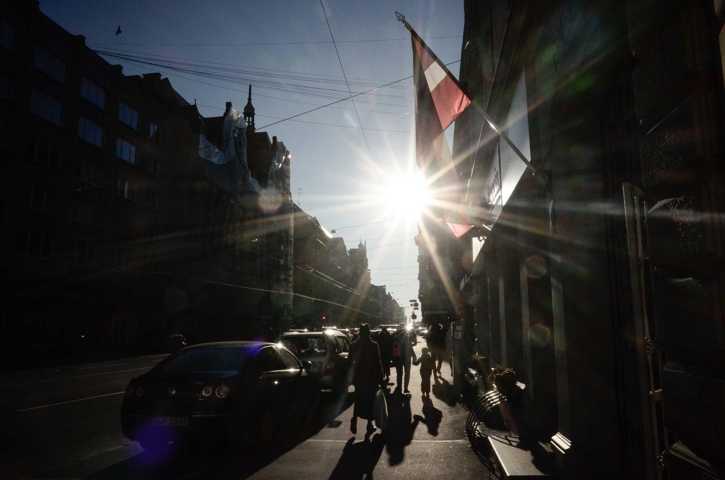 A street scene in downtown, Riga, Latvia, October 23, 2014, where tensions are high due to Moscow’s threatening rhetoric in support of ethnic Russians in the Baltics. Latvia’s NATO allies have committed to keep a continued presence near Russia’s borders.