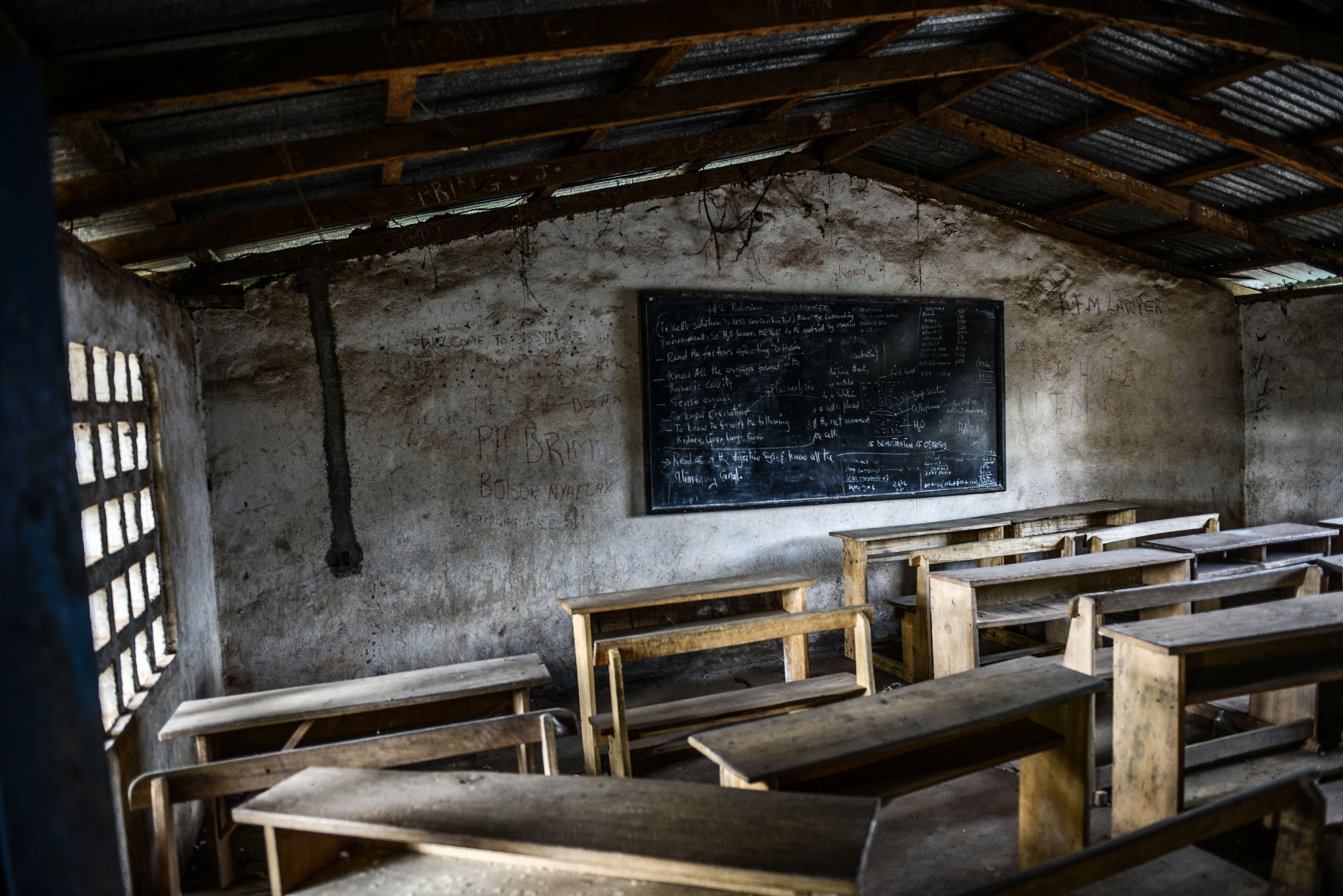 A classroom of a school stands abandoned on Aug. 25, 2014 in Kenema, Sierra Leone. Schools closed and villages quarantined after dozens of its congregation died with Ebola symptoms. (Mohammed Elshamy—Anadolu Agency/Getty Images)