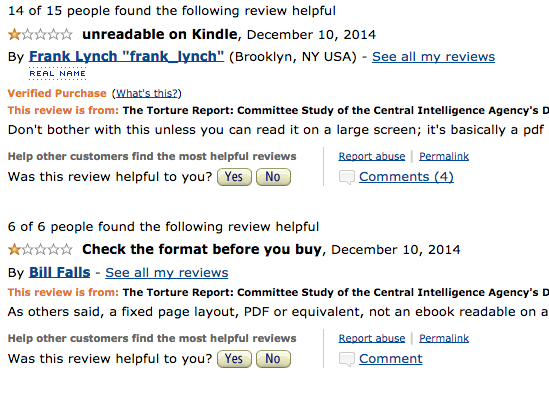 Reviews on Amazon.com about the Senate torture report